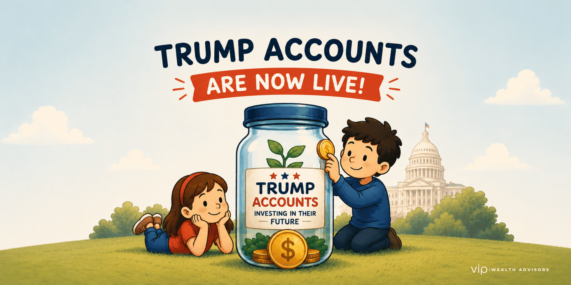 Illustration of two children beside a savings jar labeled "Trump Accounts" with the U.S. Capitol in the background, representing long-term investing for children.
