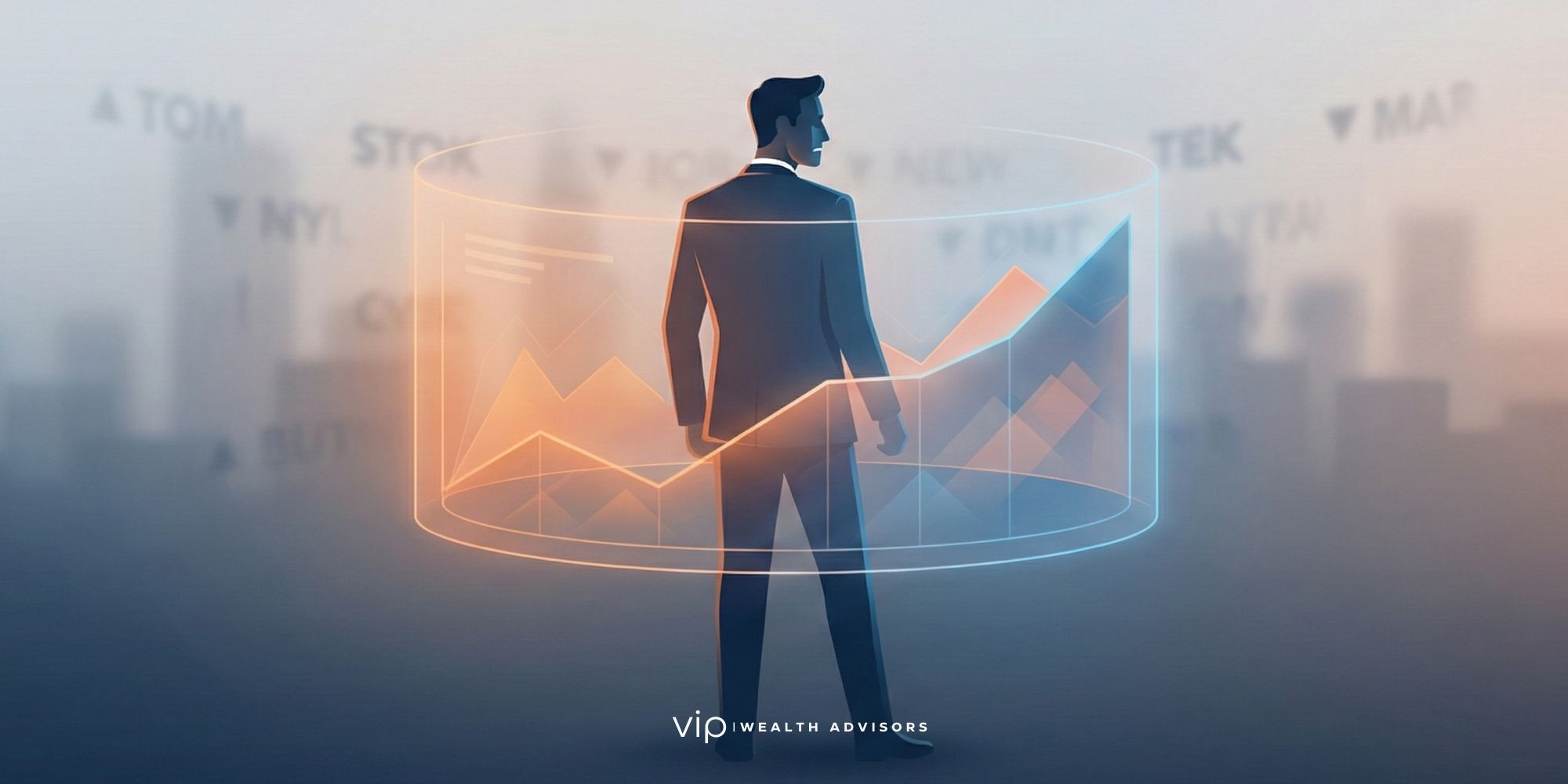 Investor standing at a crossroads with AI-themed stock charts rising behind them, symbolizing uncertainty, valuation risk, and the importance of diversification.