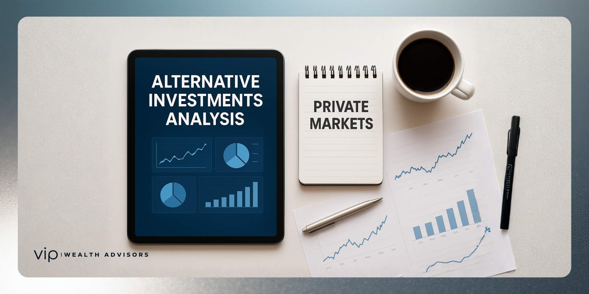 Clean desk workspace with tablet and notes about alternative investments.