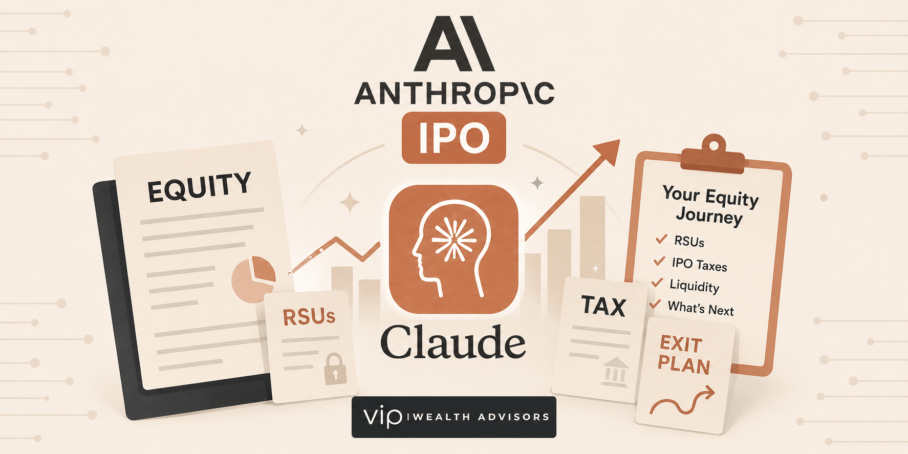 Illustration of Anthropic employee equity planning highlighting RSUs, taxes, IPO preparation, and financial decision-making before a liquidity event.
