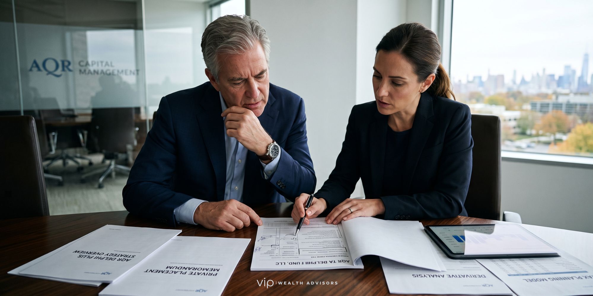 Two financial advisors reviewing AQR Delphi Plus hedge fund documents and tax strategies in a modern executive office.