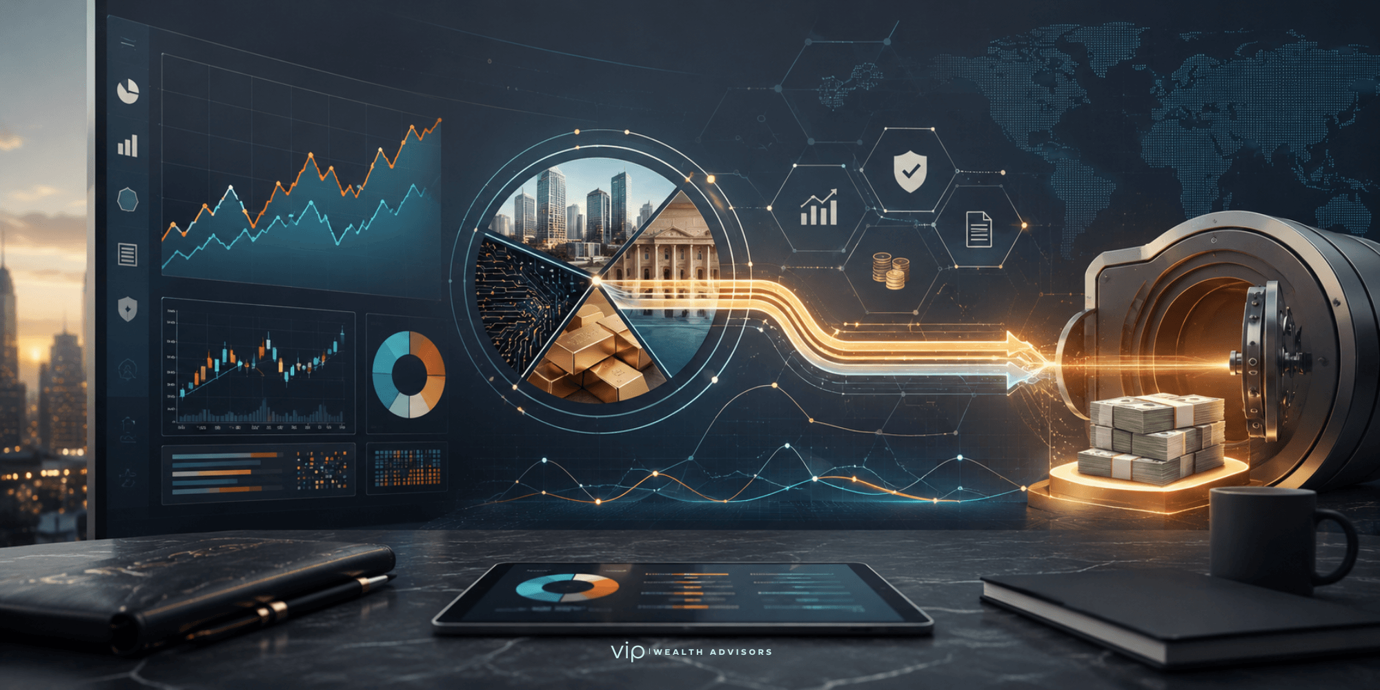 Digital portfolio dashboard showing options-market visuals, Treasury yield curves, and lending graphics to represent box spread loans and portfolio-backed borrowing.