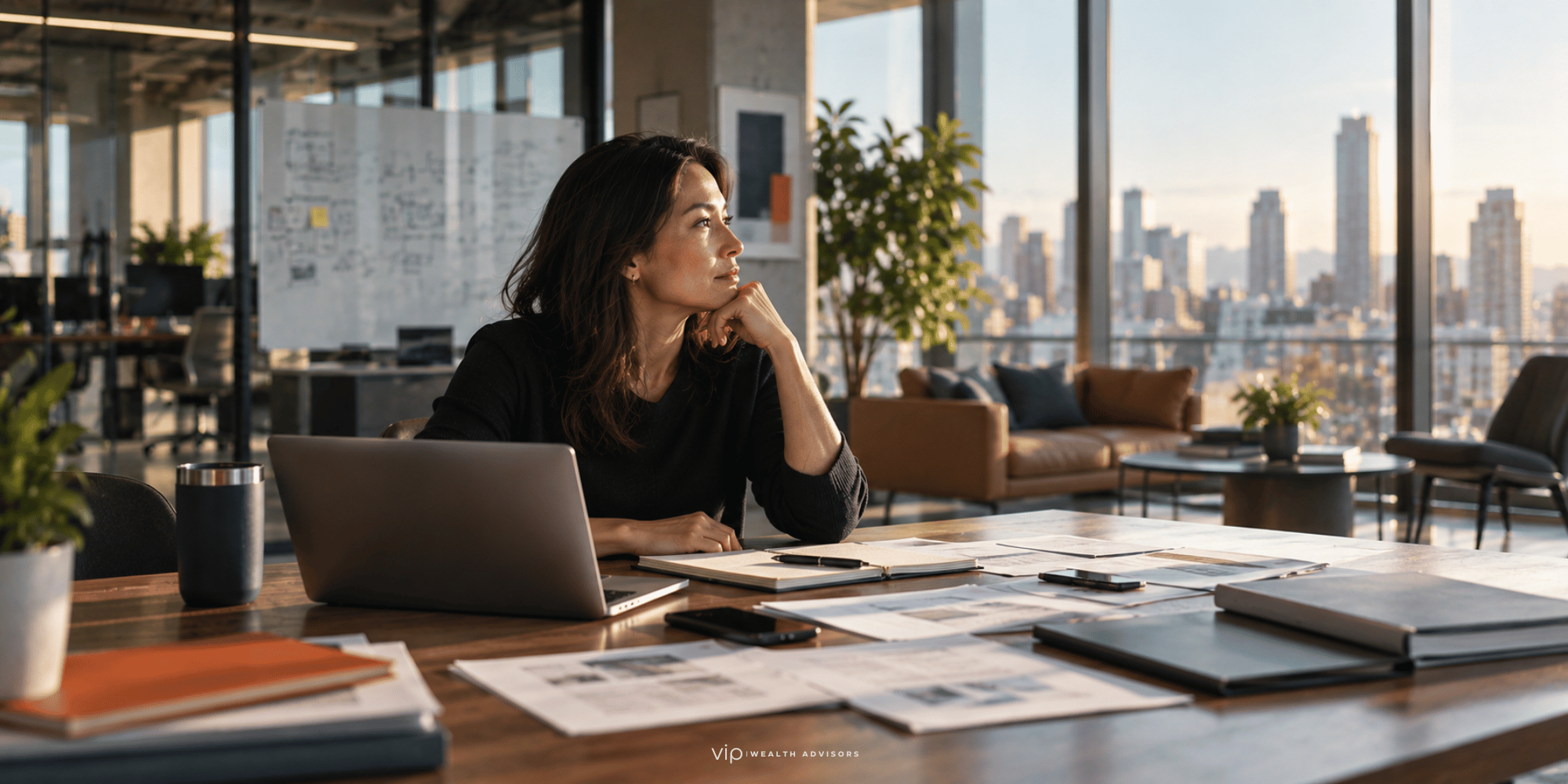 Woman in a modern tech startup office reviewing documents before a major business sale and capital gains event.