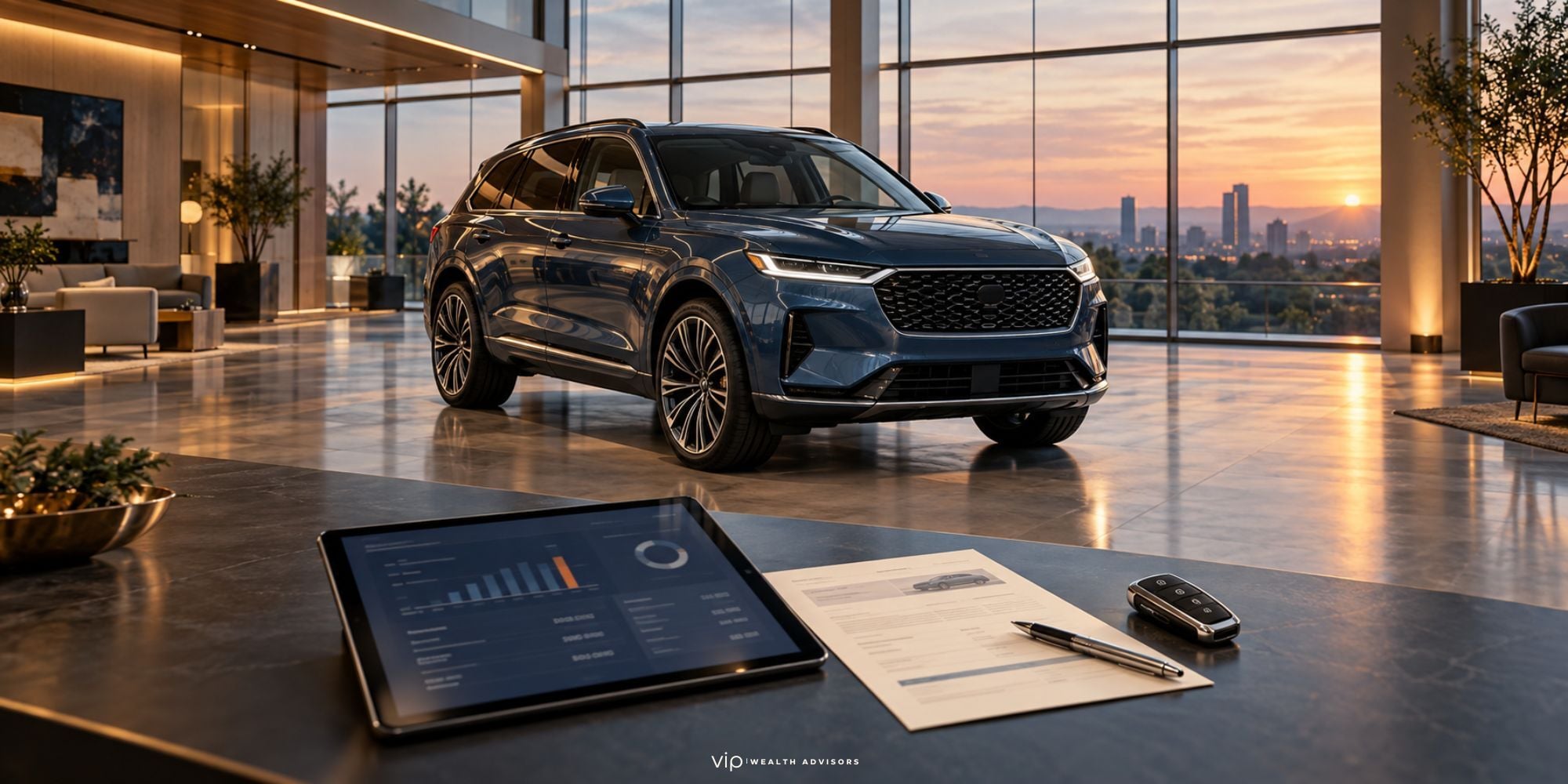 Luxury SUV in a modern showroom with a digital lease calculator, financing worksheet, and car key on a desk, illustrating car lease payment analysis.