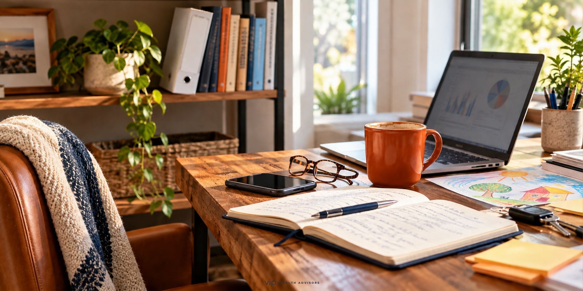 A financial plan binder sits on a home office shelf beside a busy desk with a laptop, coffee mug, open notebook and a child’s drawing.