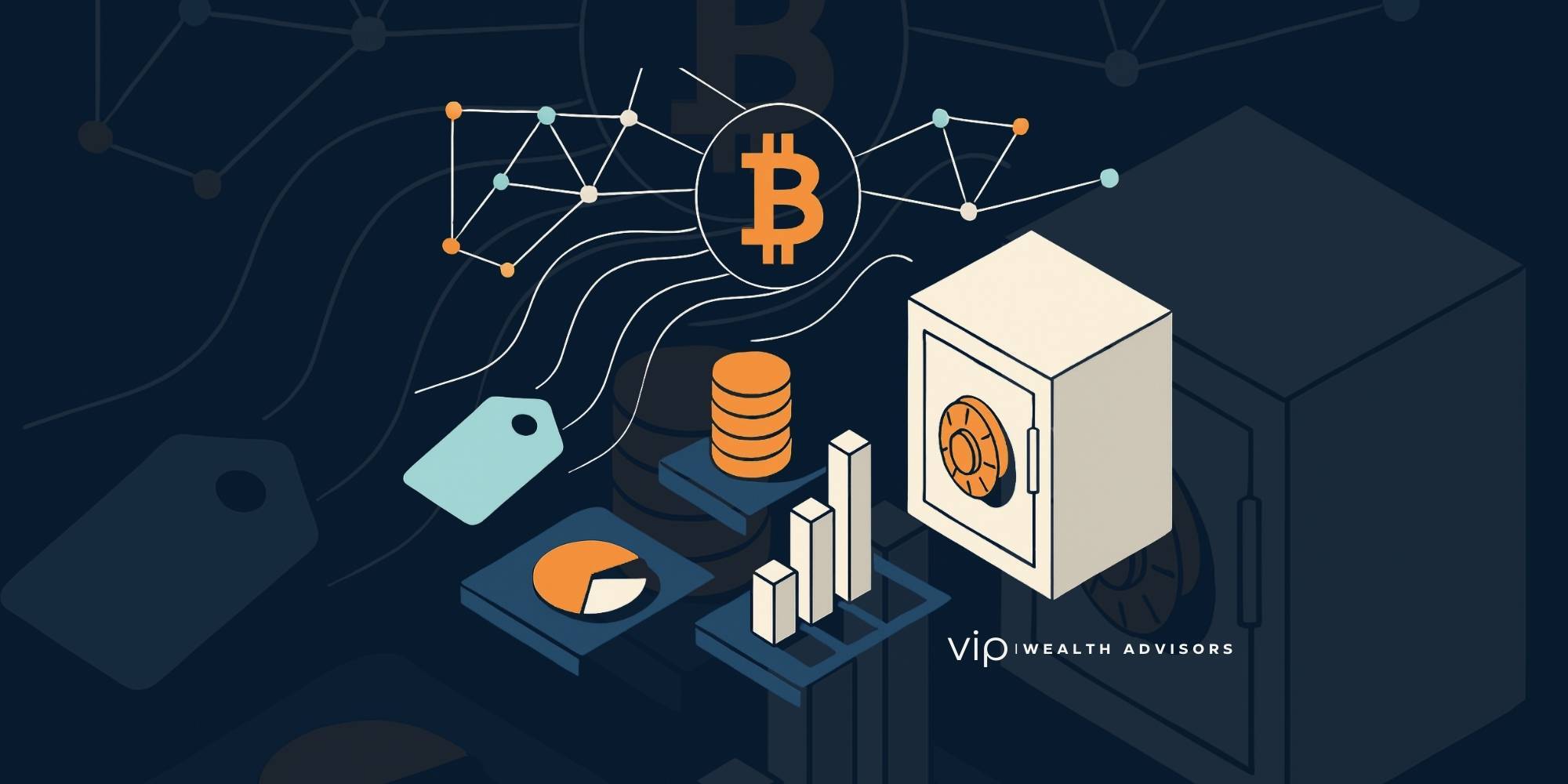 Stylized Bitcoin coin over navy backdrop representing digital assets and blockchain finance.