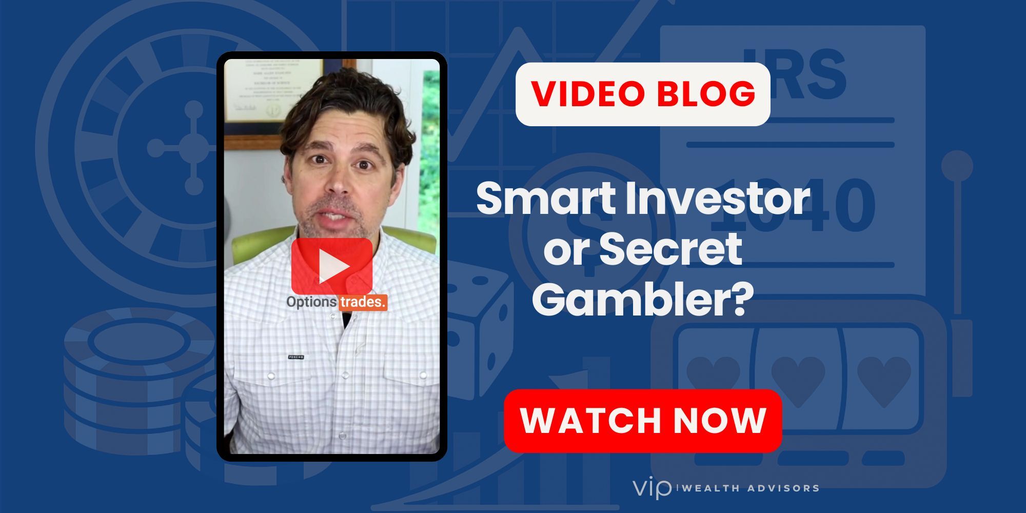 Illustration of casino games, stock charts, and IRS forms highlighting the risks of gambling-like behavior among wealthy investors