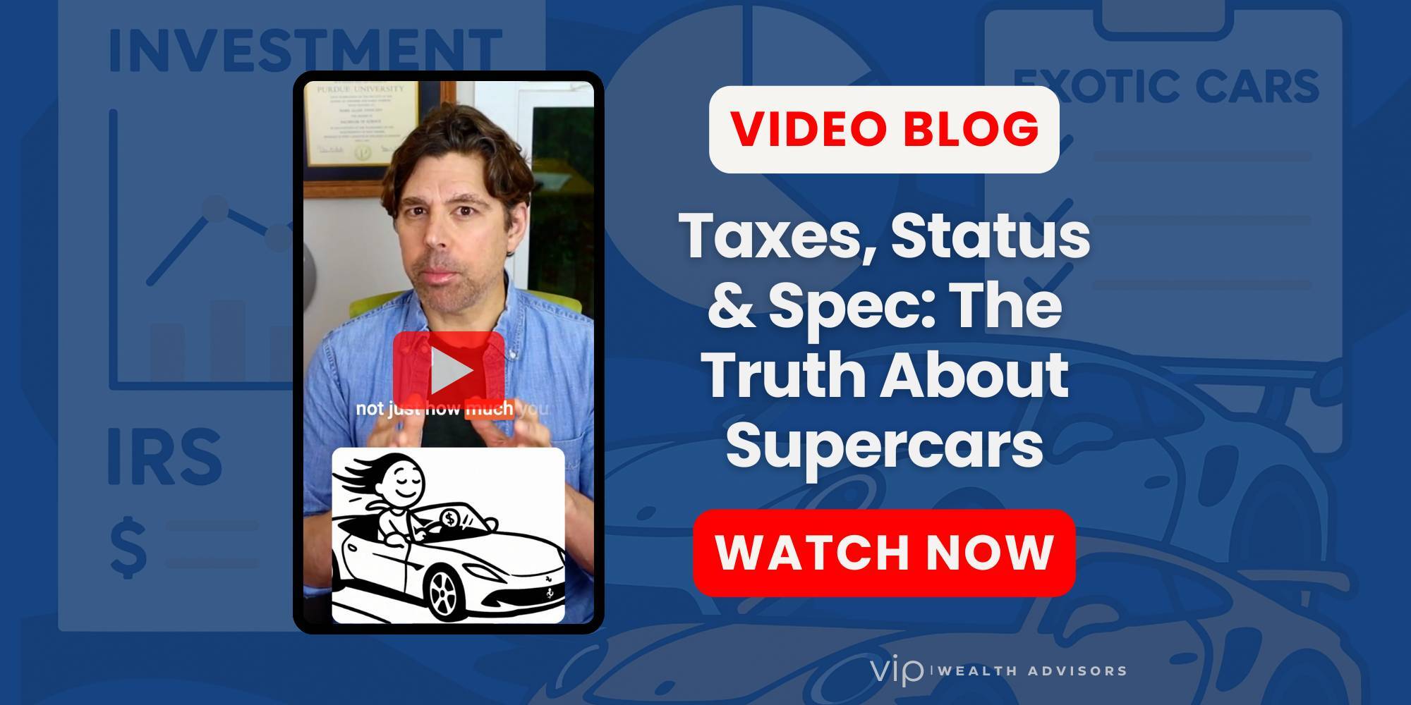 Flat-style digital illustration of luxury sports cars and investment charts with tax forms.