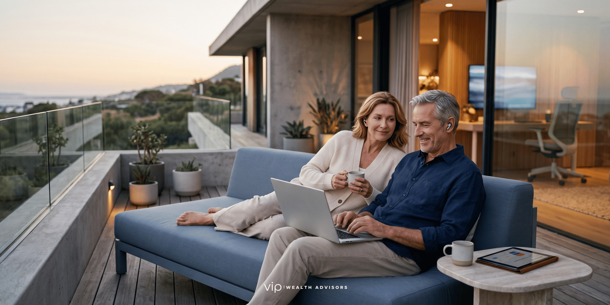 An affluent couple relaxes on the terrace of their modern home at dusk, reviewing their financial dashboard together with confidence and peace of mind.