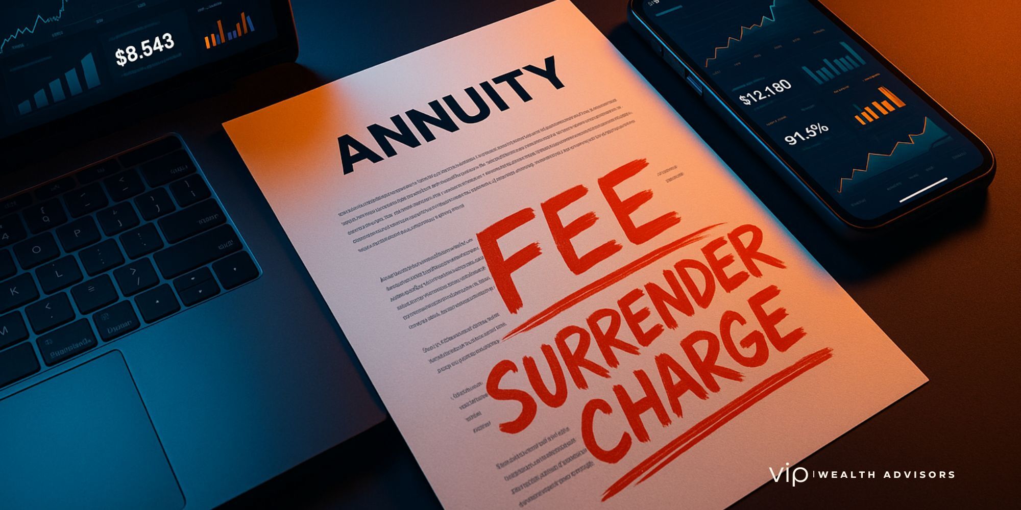 Annuity contract with bold fee and surrender charge notes highlighted in a modern fintech workspace.