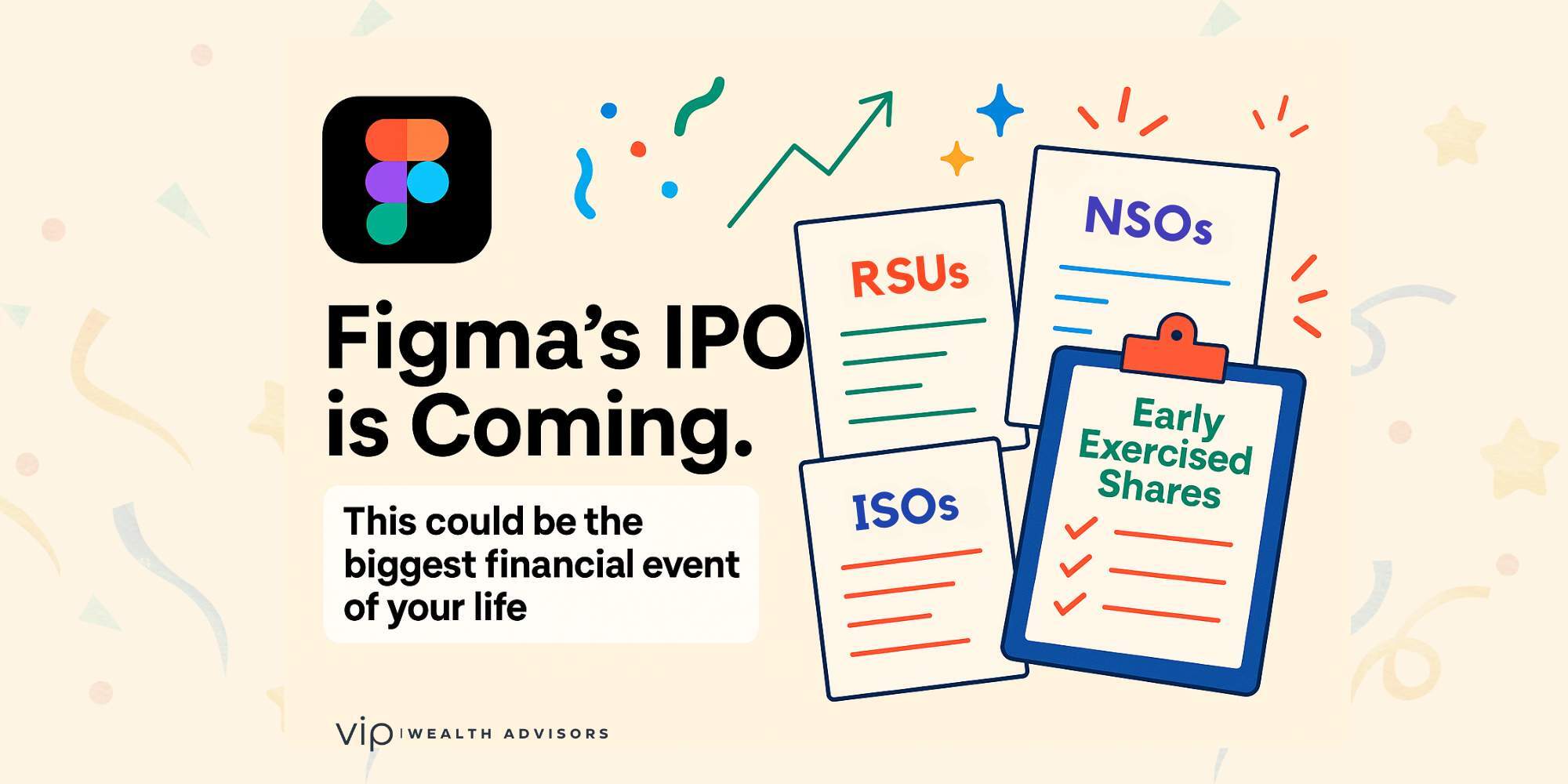 Digital illustration showing IPO stock chart, RSU tax documents, and equity compensation planning checklist