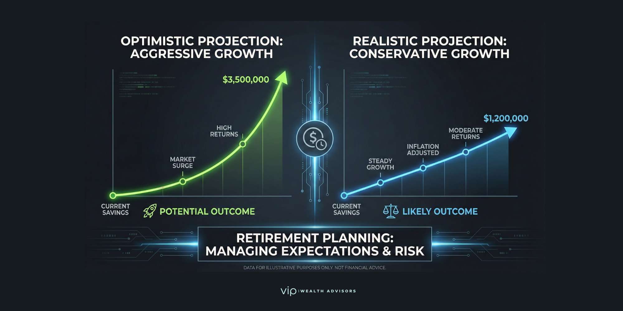 Financial advisor reviewing long-term retirement projections on a screen showing conservative vs historical return assumptions with market charts in the background