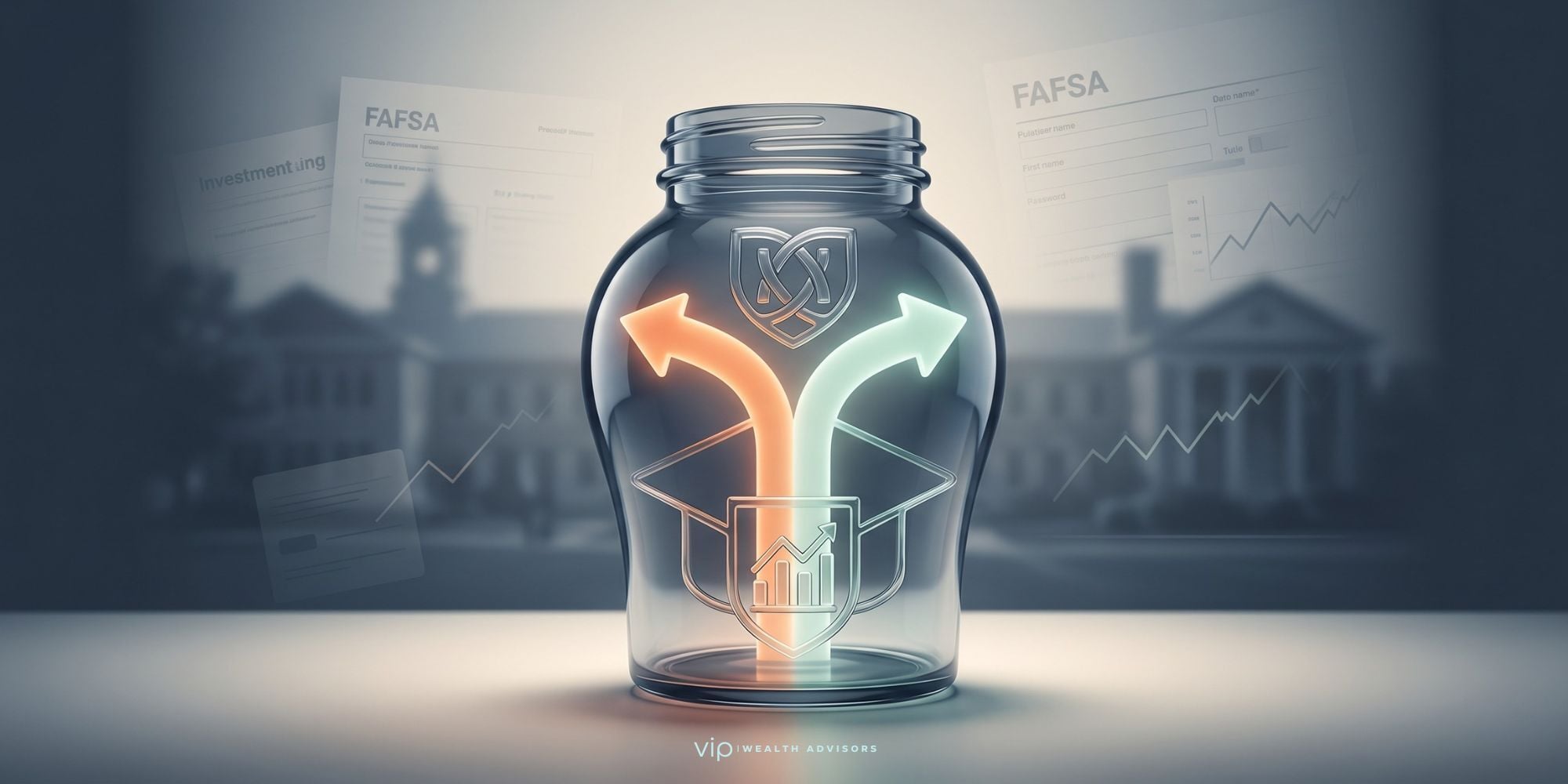 A centered, glowing glass vessel blends abstract elements of a graduation cap and an investment chart, housing two distinct illuminated paths in warm orange and soft mint to symbolize strategic 529 plan ownership structures.
