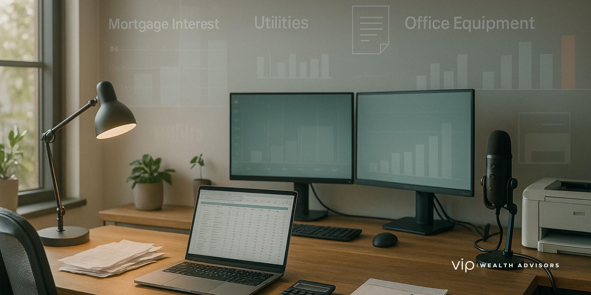 A modern home office workspace with laptop, financial documents, and natural lighting, symbolizing strategic tax planning for business owners.