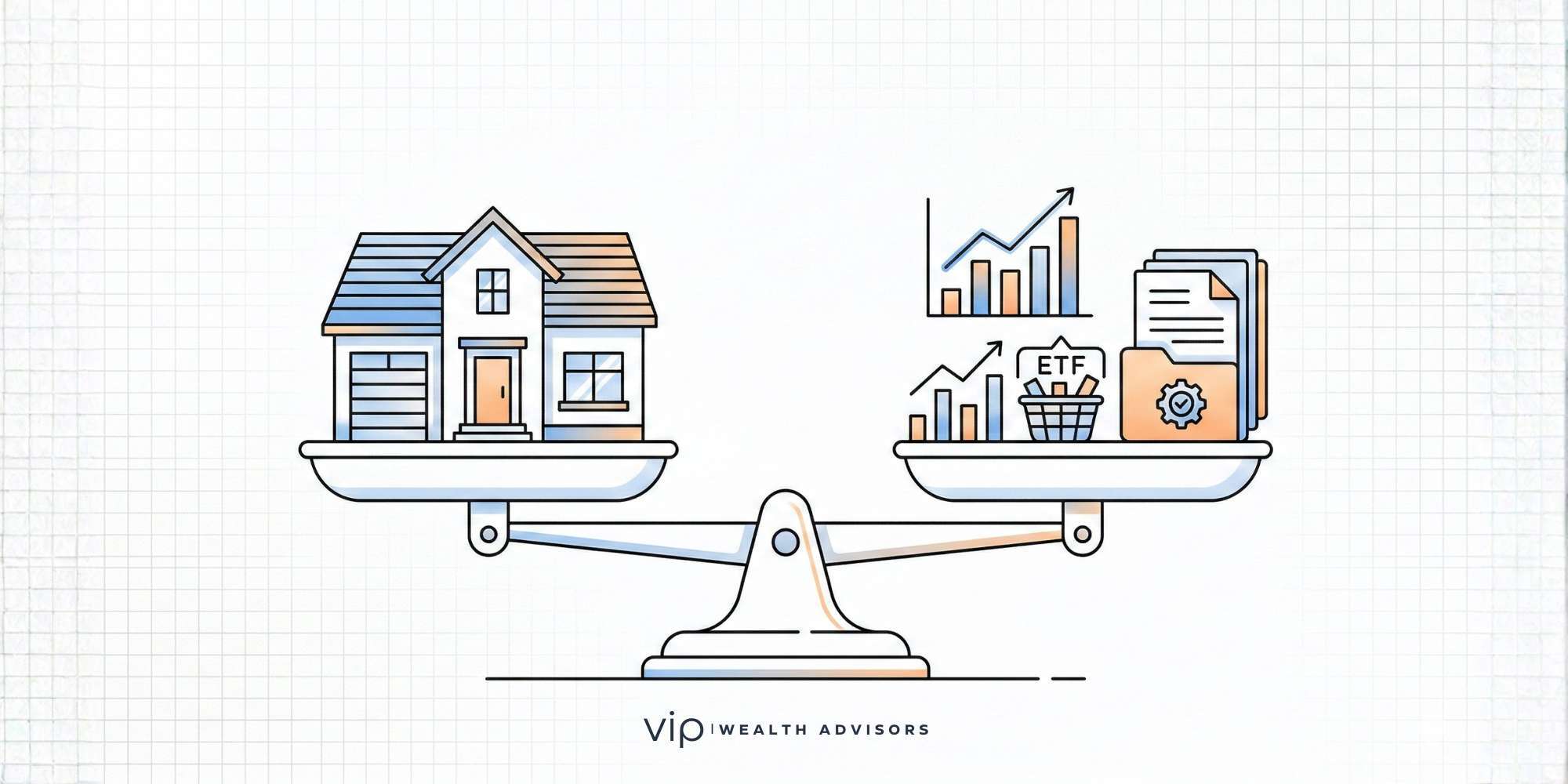 Modern illustration showing a house balanced with investment portfolios and financial charts, symbolizing how a primary residence should support a broader wealth strategy rather than define it.