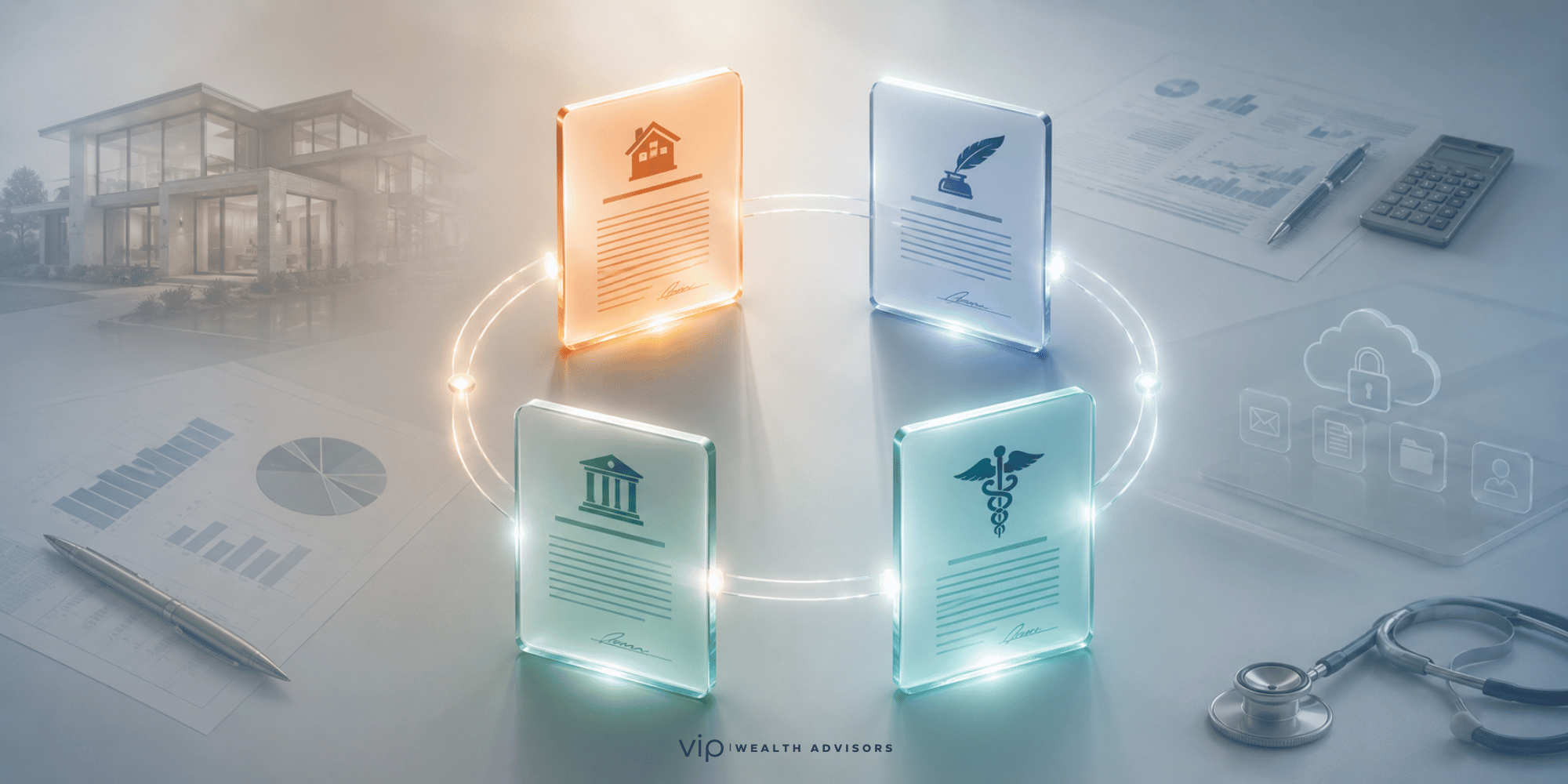 Conceptual illustration of four interconnected estate planning documents symbolizing how trusts, wills, and powers of attorney work together to protect a family's financial, legal, and healthcare decisions.