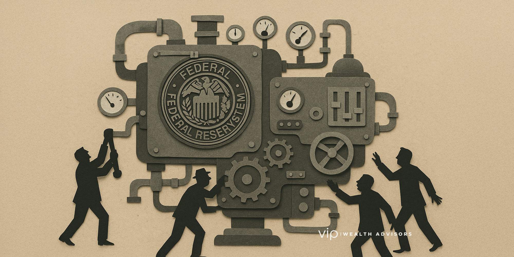 A large, intricate machine labeled 'Federal Reserve System' with various pipes and gauges, all operating smoothly.