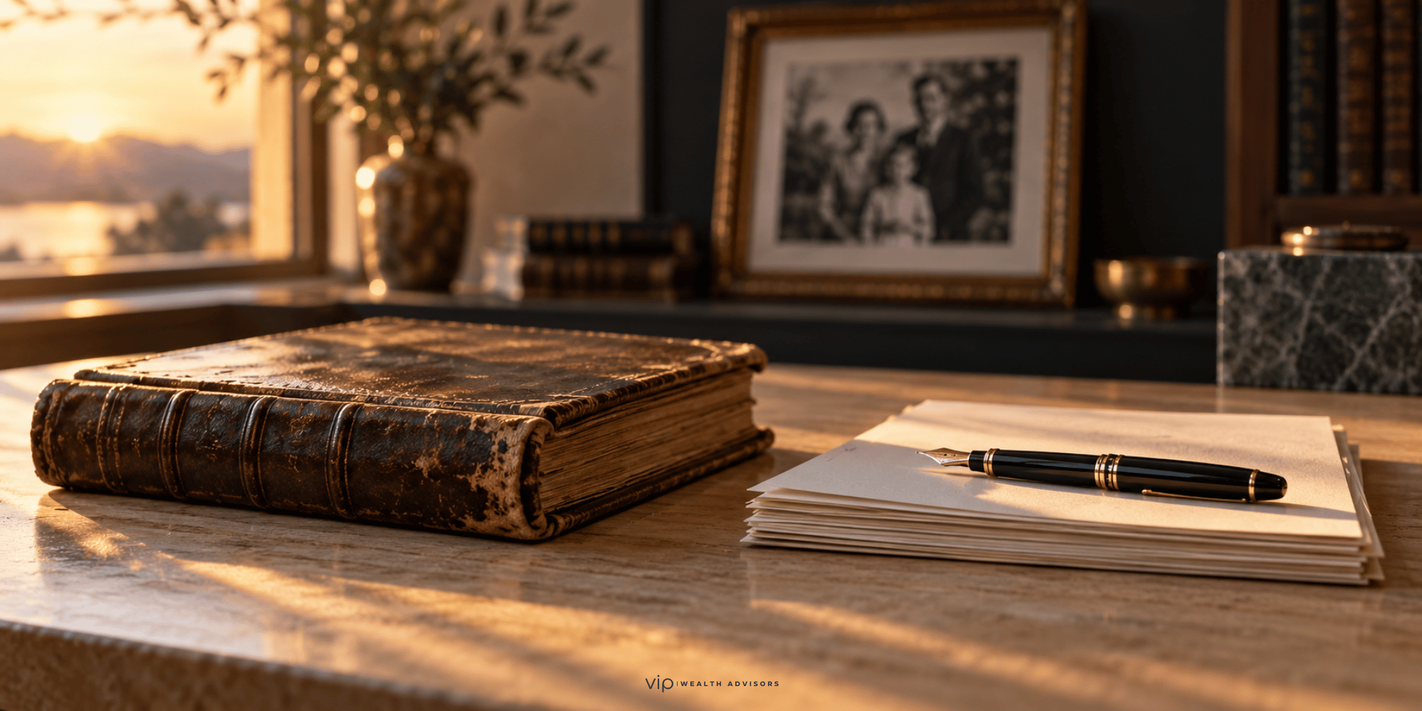 Editorial still-life photograph symbolizing generational wealth transfer, with an aged leather ledger beside a crisp new document stack and pen, and a softly blurred vintage family photo in the background.