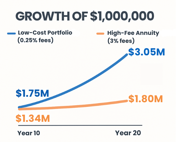 Chart comparing $1M growth in low-cost portfolio vs high-fee annuity over 20 years
