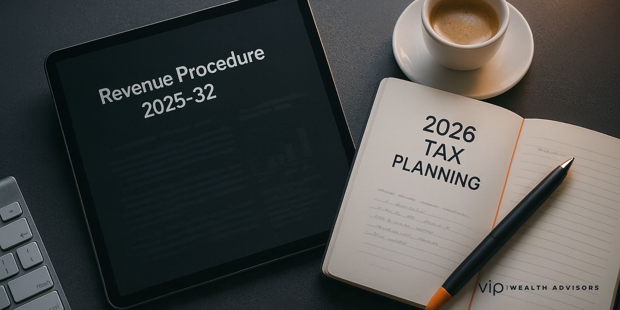 Modern flat-lay of a tablet showing Revenue Procedure 2025-32 next to a notebook titled 2026 Tax Planning, symbolizing expert financial and tax guidance.