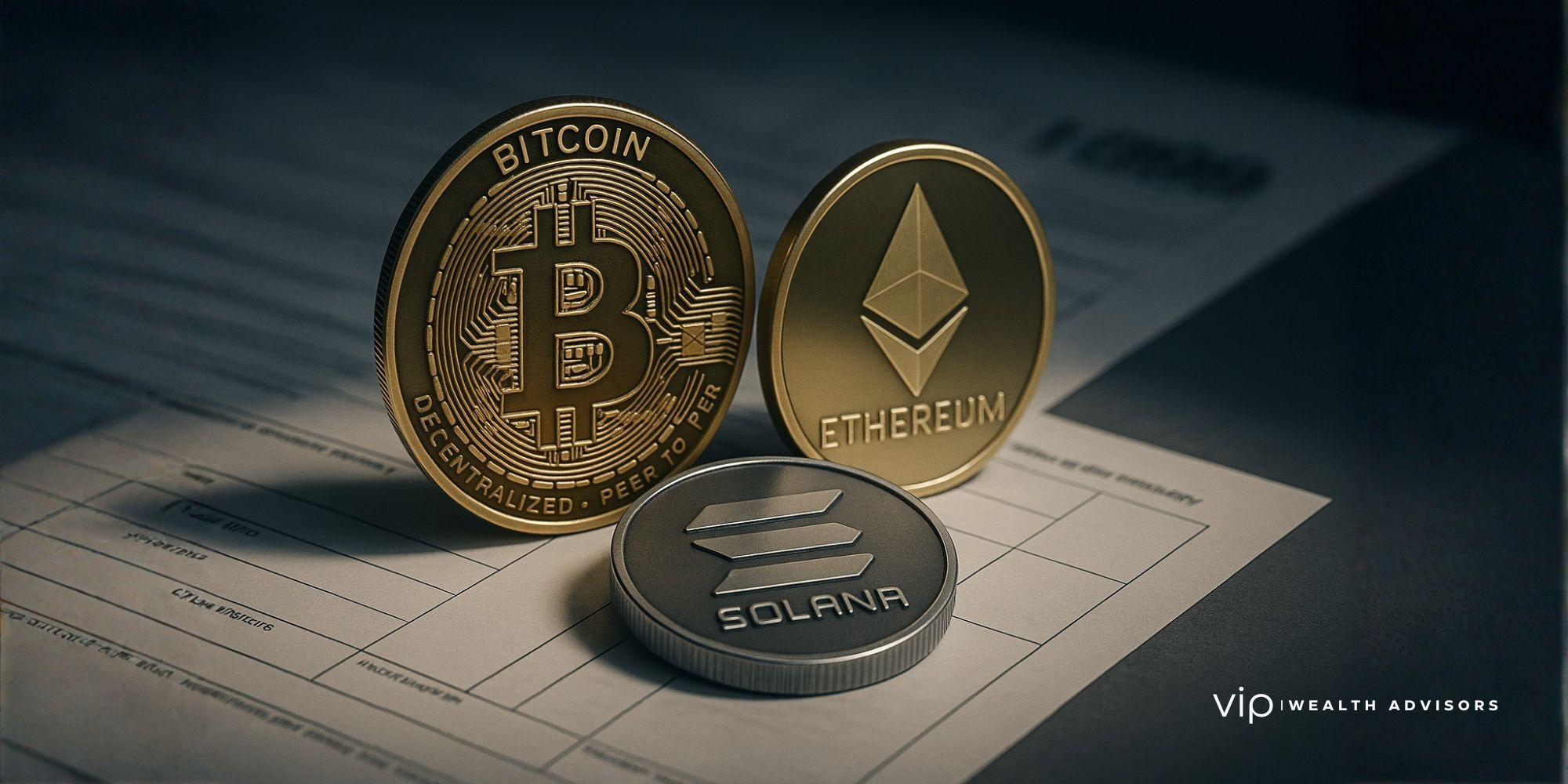 Stacked Bitcoin and Ethereum coins arranged on a matte surface with soft cinematic lighting and a blurred financial document background.