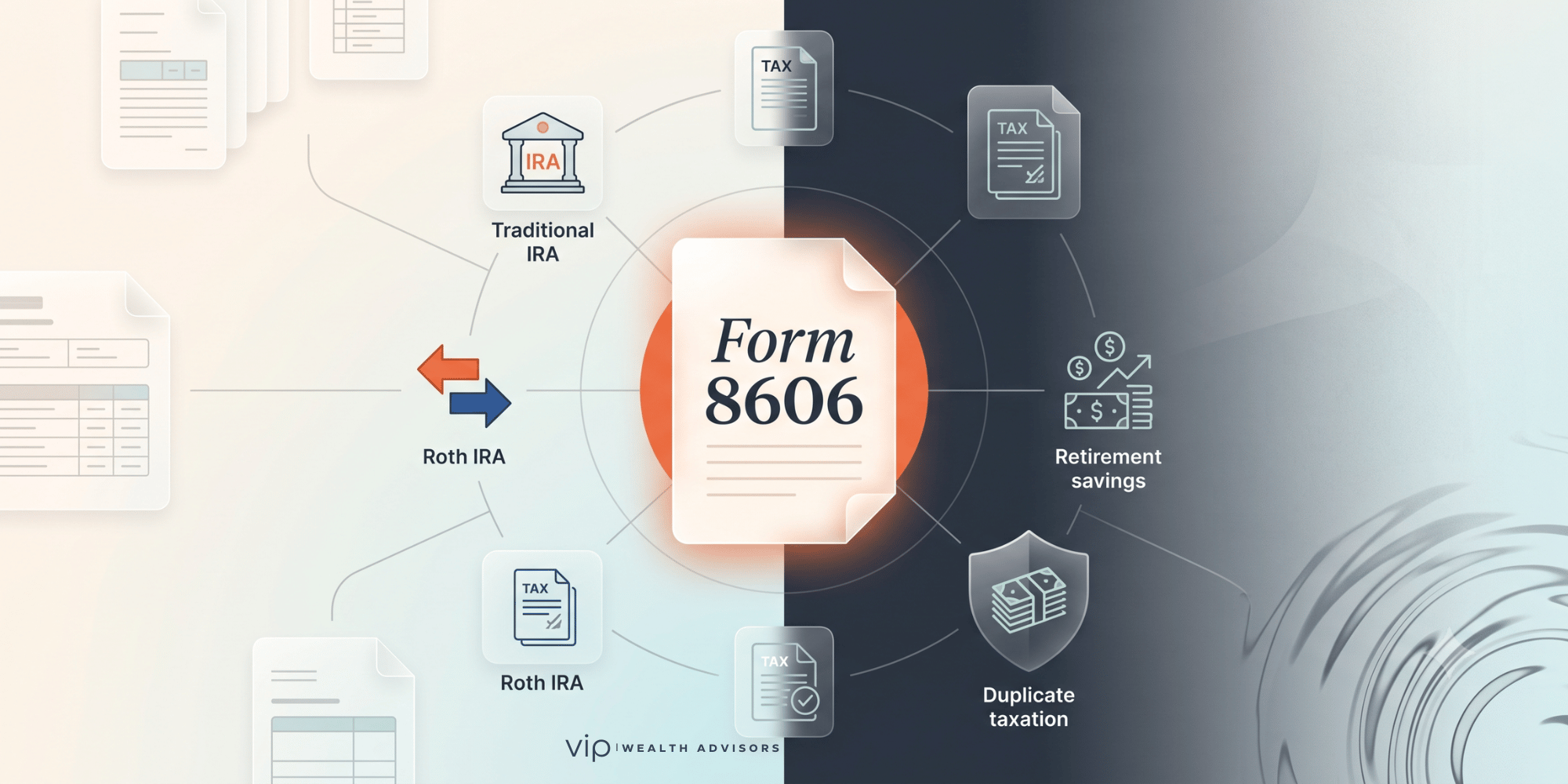 Illustration of IRS Form 8606 protecting retirement savings by tracking after-tax IRA contributions and preventing double taxation.
