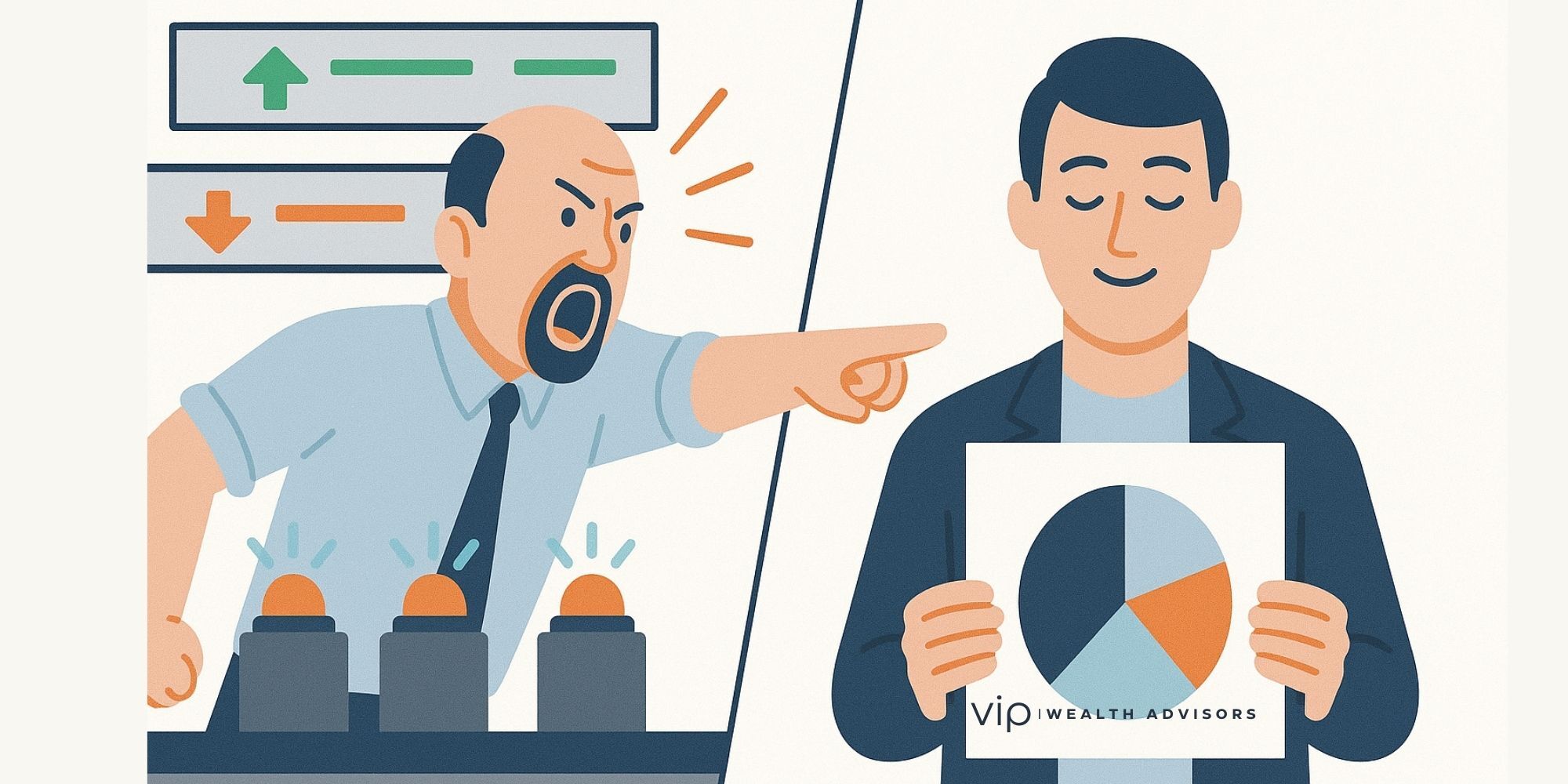 Minimal illustration of Jim Cramer shouting with buzzers and stock tickers in the background, contrasted with a calm investor holding a diversified portfolio chart.