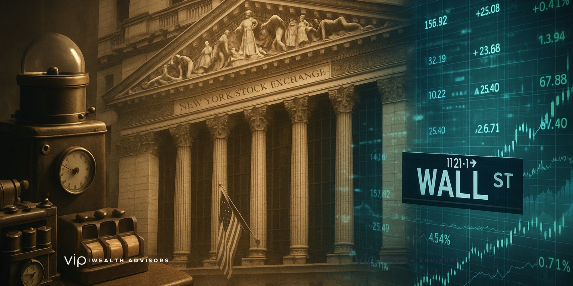 Historic Wall Street skyline blending into modern digital trading screens, symbolizing 90 years of market evolution and investor protection.