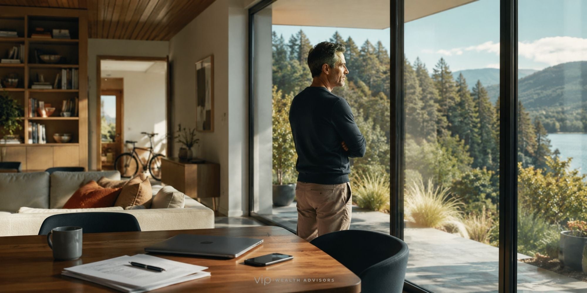 A financially independent professional stands beside large windows overlooking a natural landscape, reflecting on life beyond a demanding career.