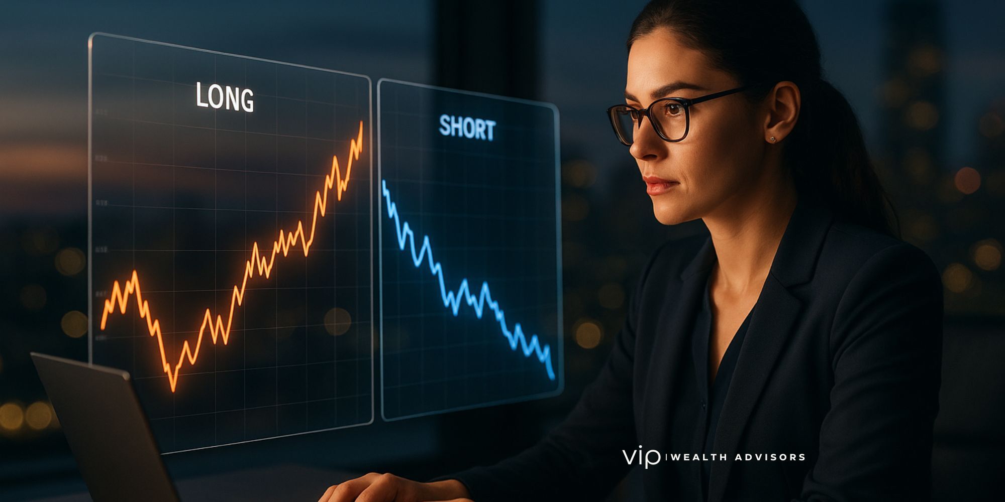 Female engineer analyzing holographic long and short stock charts at a modern desk with a city skyline backdrop.