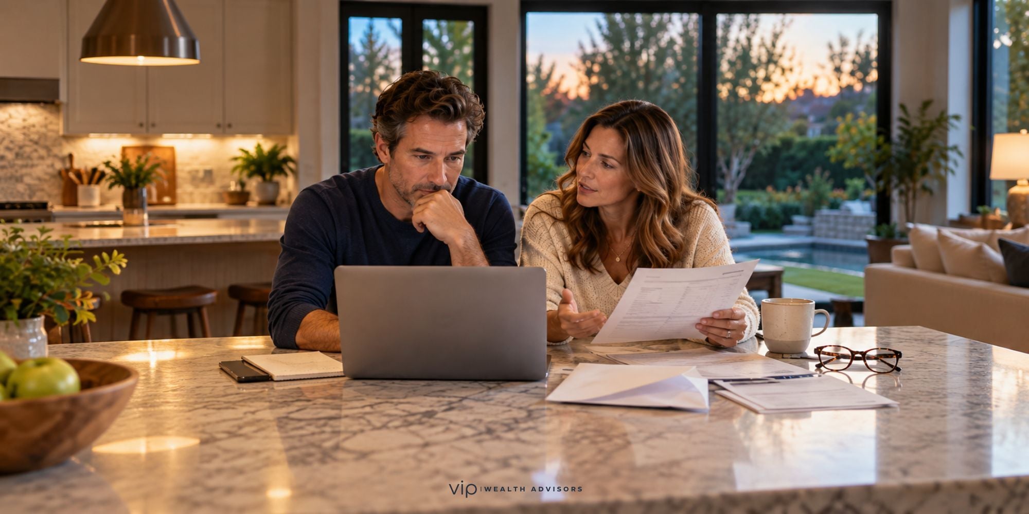 Couple in their 40s reviewing financial statements and a laptop together at a marble kitchen island at dusk