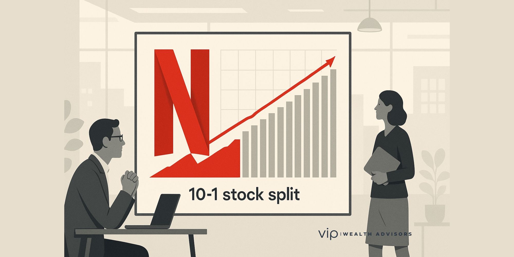 Illustration of Netflix stock split showing share price reduction and increased accessibility for investors and employees, with charts and Netflix branding.