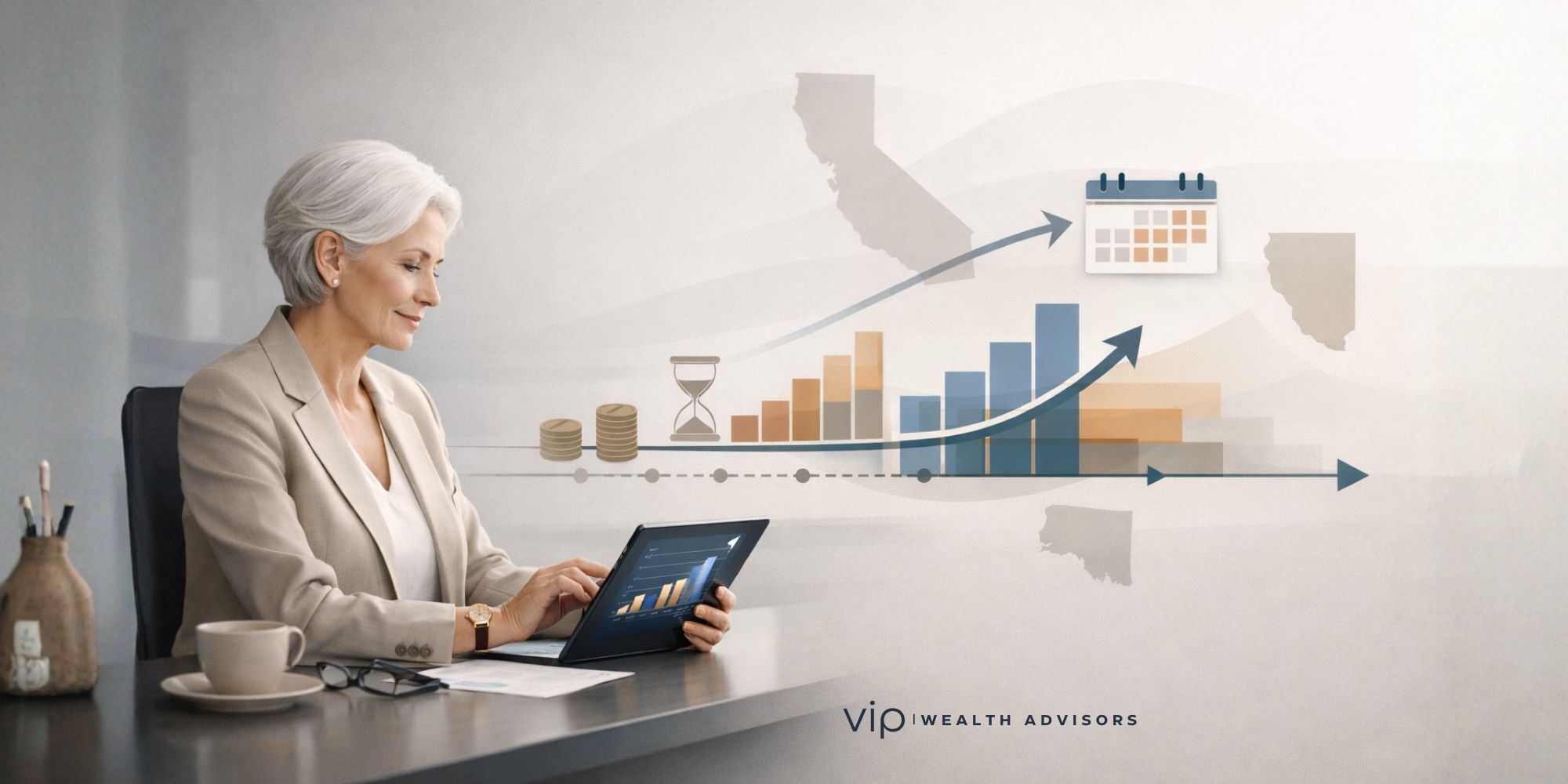 Executive reviewing financial projections related to a non-qualified deferred compensation (NQDC) plan and tax planning strategy.