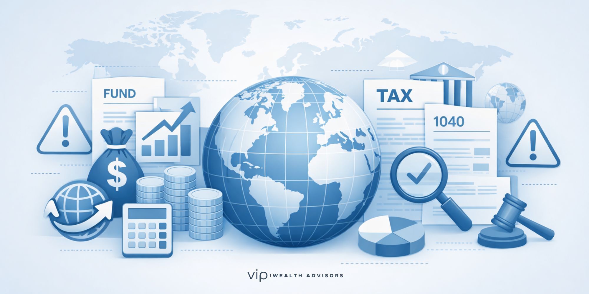 Illustration showing global investment funds and tax forms representing PFIC rules and IRS Form 8621 compliance for U.S. investors.