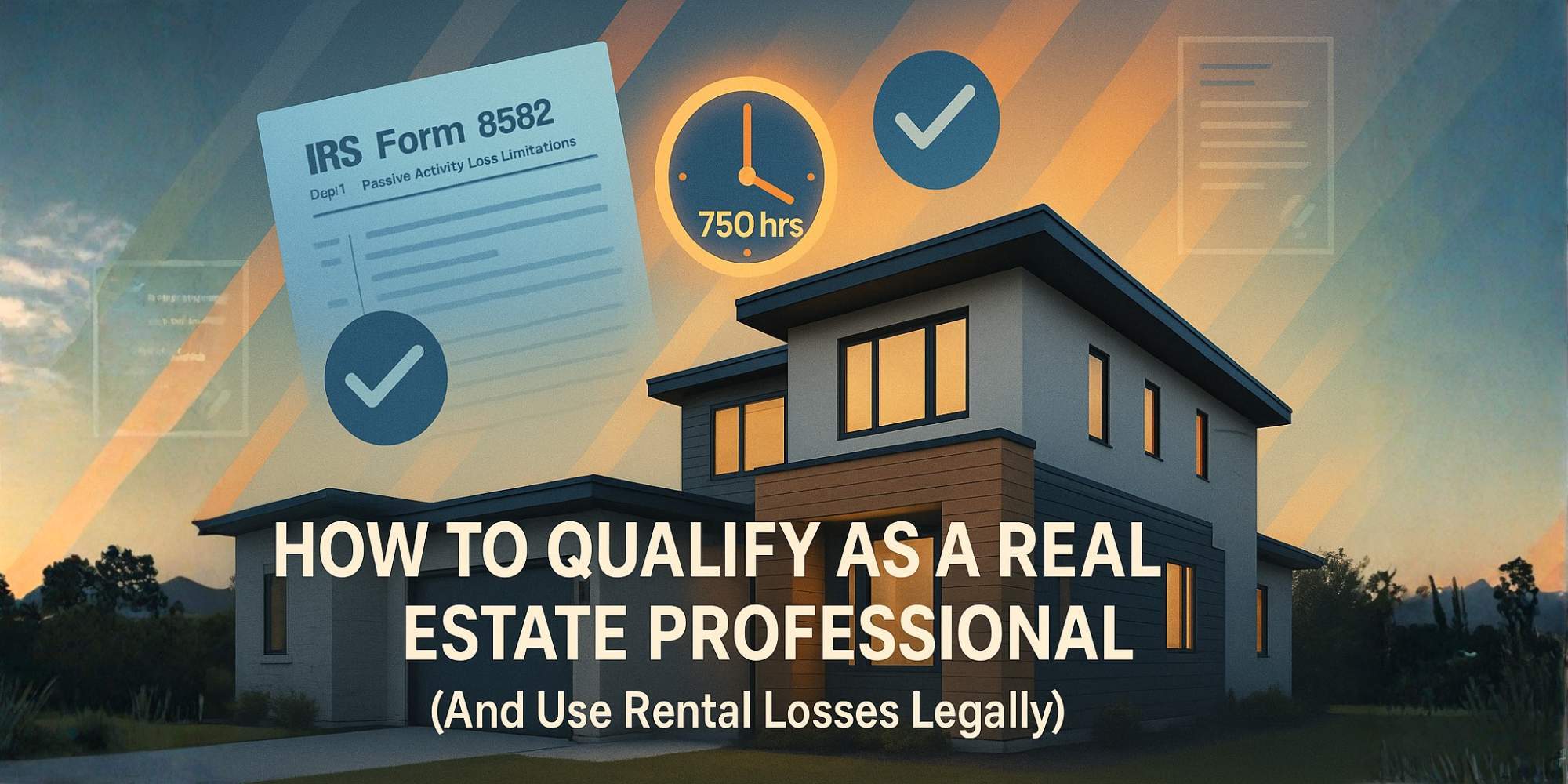 Illustration of Qualified Real Estate Professional (QREP) status concept showing real estate and tax documents