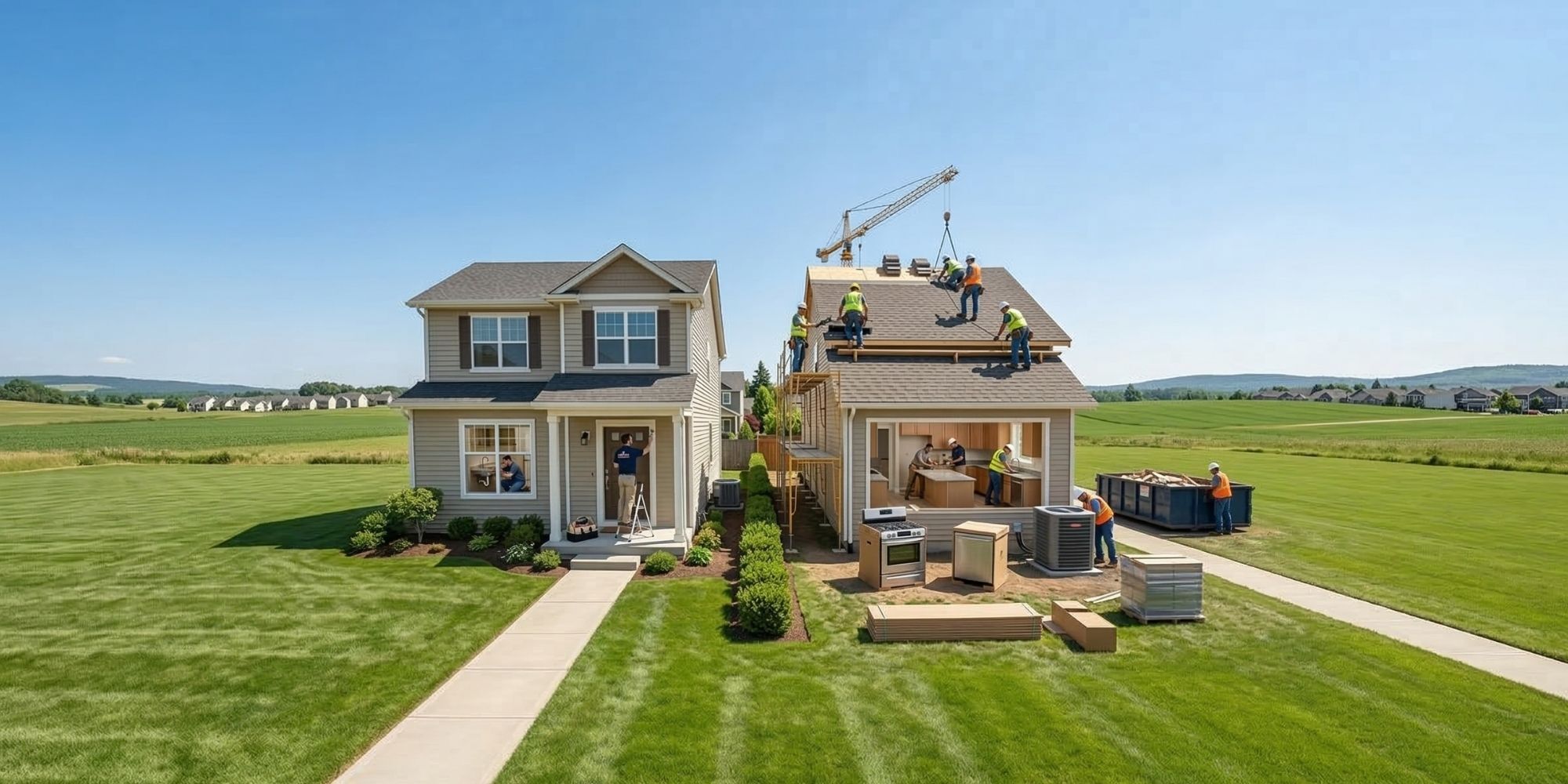 Two houses in a spacious green field; one receives simple paint repairs while the other undergoes major structural improvements.