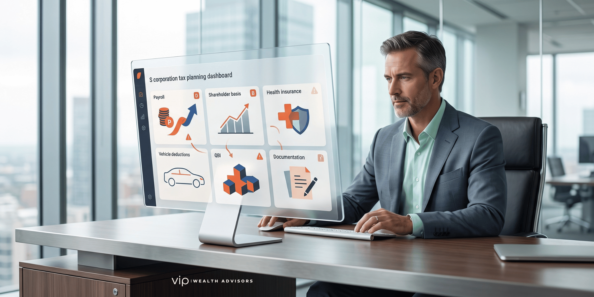Business owner reviewing an S corporation tax planning dashboard with seven visual markers for common tax mistakes.