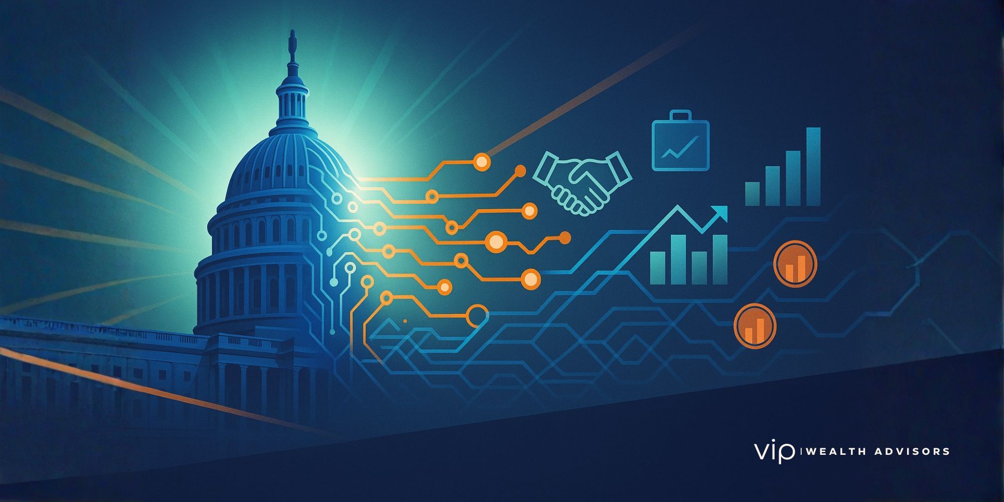 U.S. Capitol building seamlessly transforming into a digital financial network.