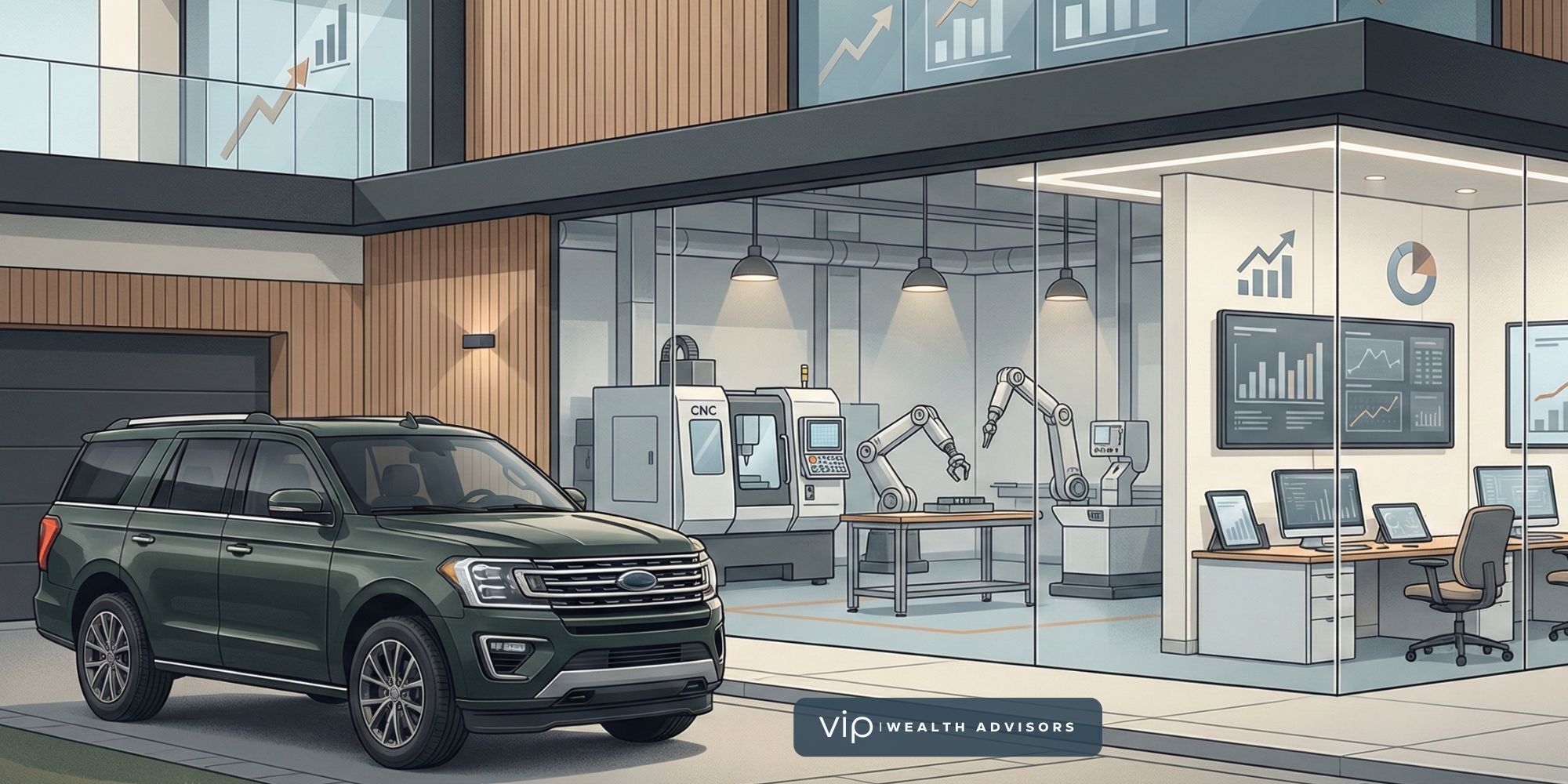 Illustration showing business equipment, technology, and a heavy SUV representing Section 179 expensing rules for business owners in 2026.