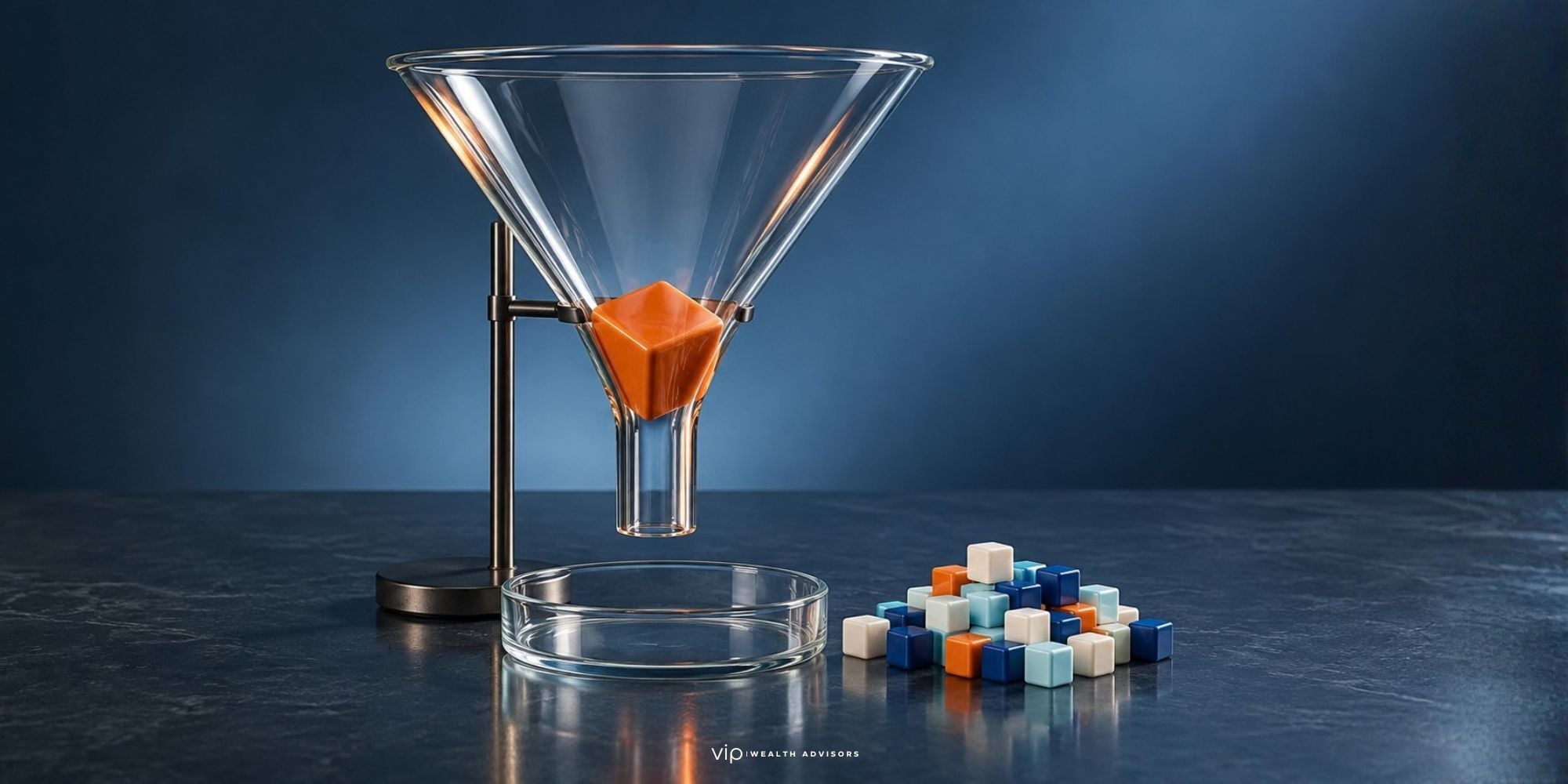 A large orange cube is stuck in the neck of a glass funnel above an empty dish, while a cluster of small multicolored cubes sits nearby, symbolizing a concentrated stock position that can’t easily become a diversified portfolio.