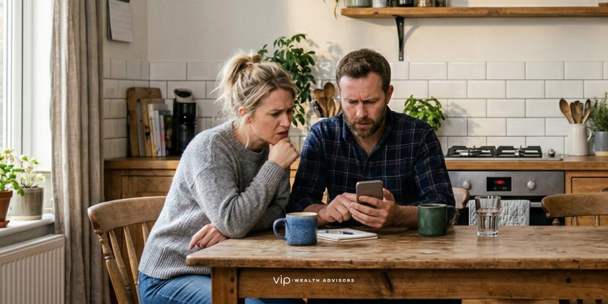 Couple at home reviewing investment losses on smartphone with concerned expressions during market volatility
