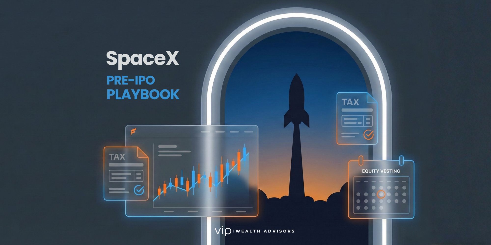 A SpaceX-style rocket launch silhouette beside financial charts and equity paperwork icons, representing IPO equity compensation planning.