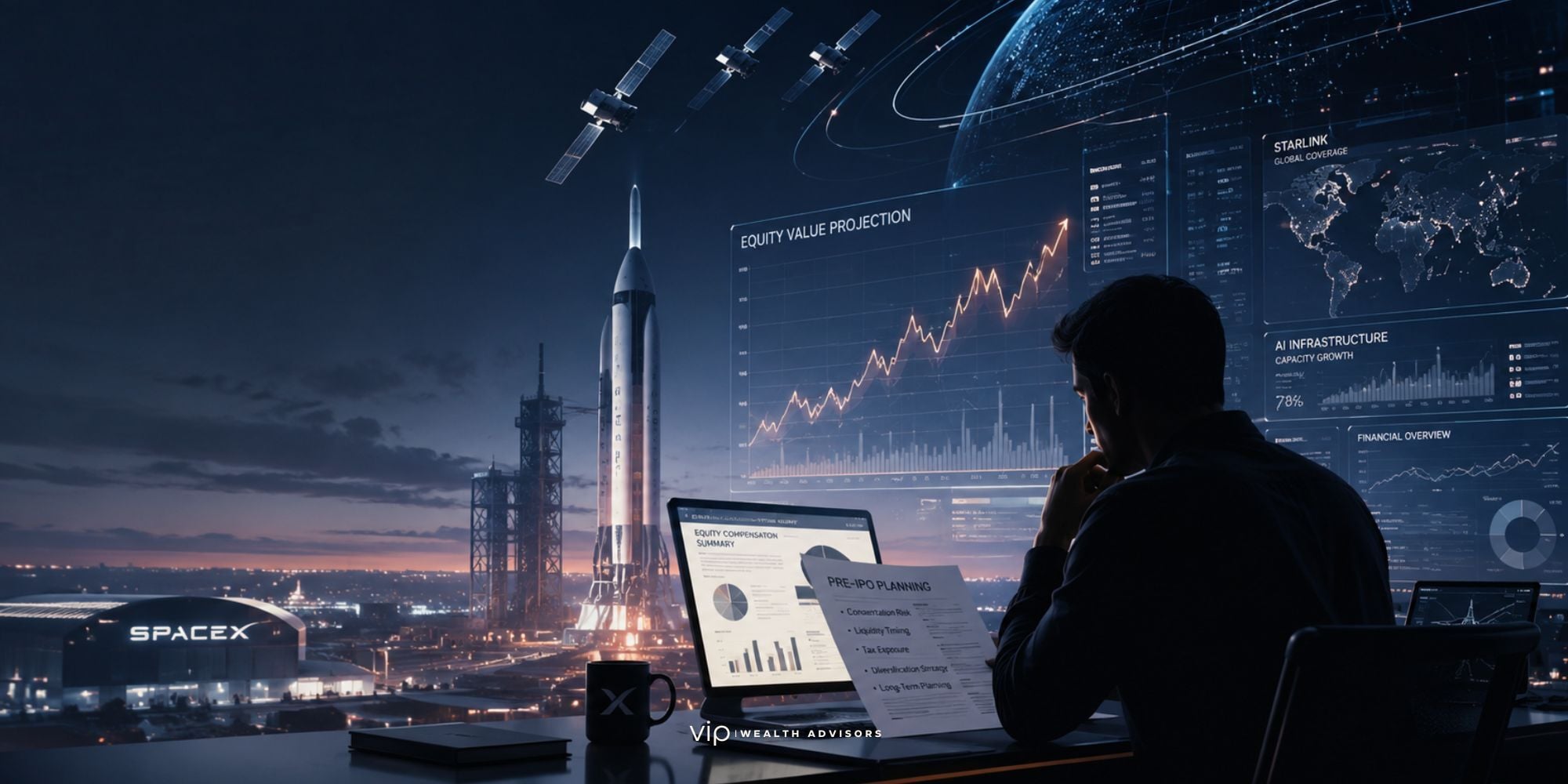 SpaceX employee reviewing equity compensation and IPO financial planning strategy with satellite networks, rockets, and investment charts in a modern futuristic workspace.