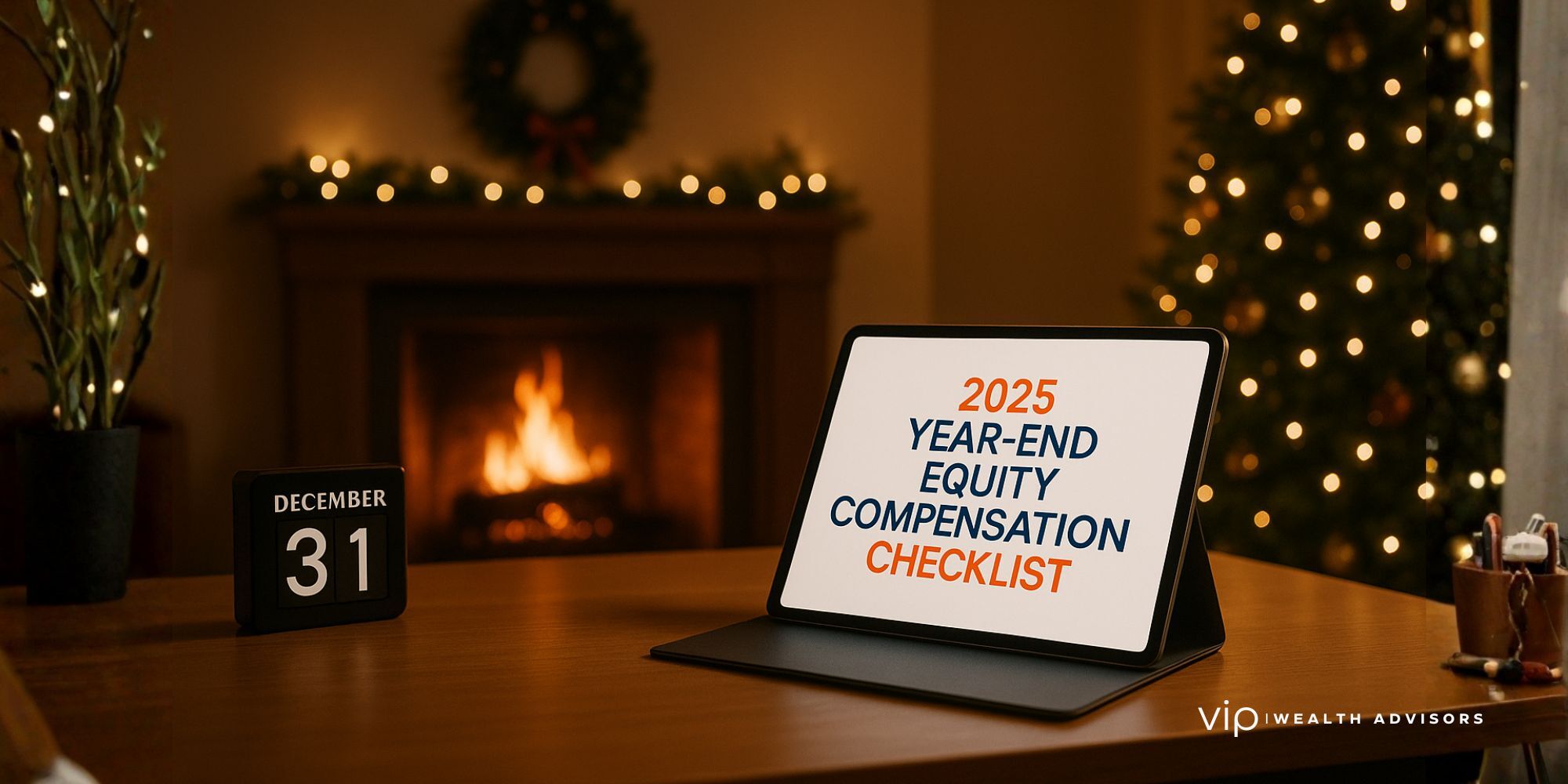 Warm holiday fireplace scene with a desk holding a digital countdown clock and an iPad displaying a year-end equity compensation checklist.