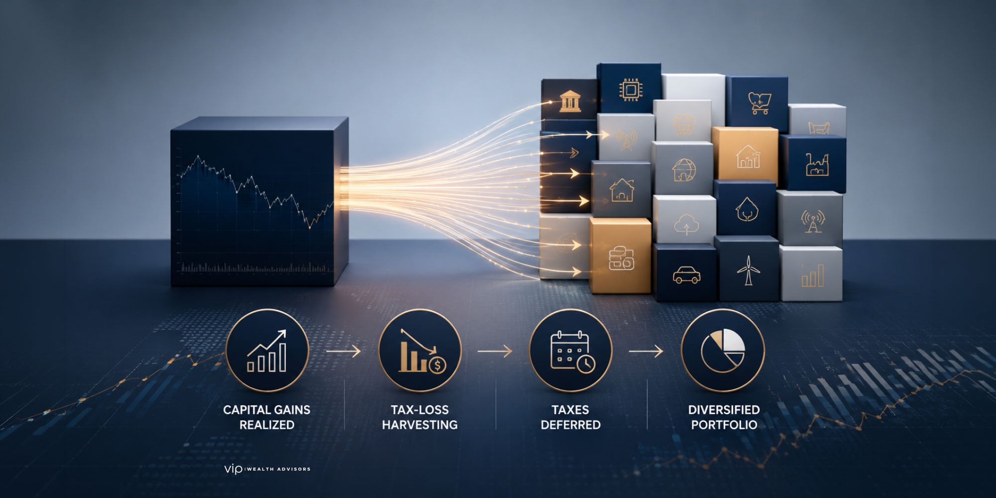 3D financial illustration showing a concentrated stock position transforming into a diversified investment portfolio through tax-loss harvesting and tax deferral strategies, with modern portfolio icons, capital gains graphics, and wealth management visuals in navy blue and gold tones.