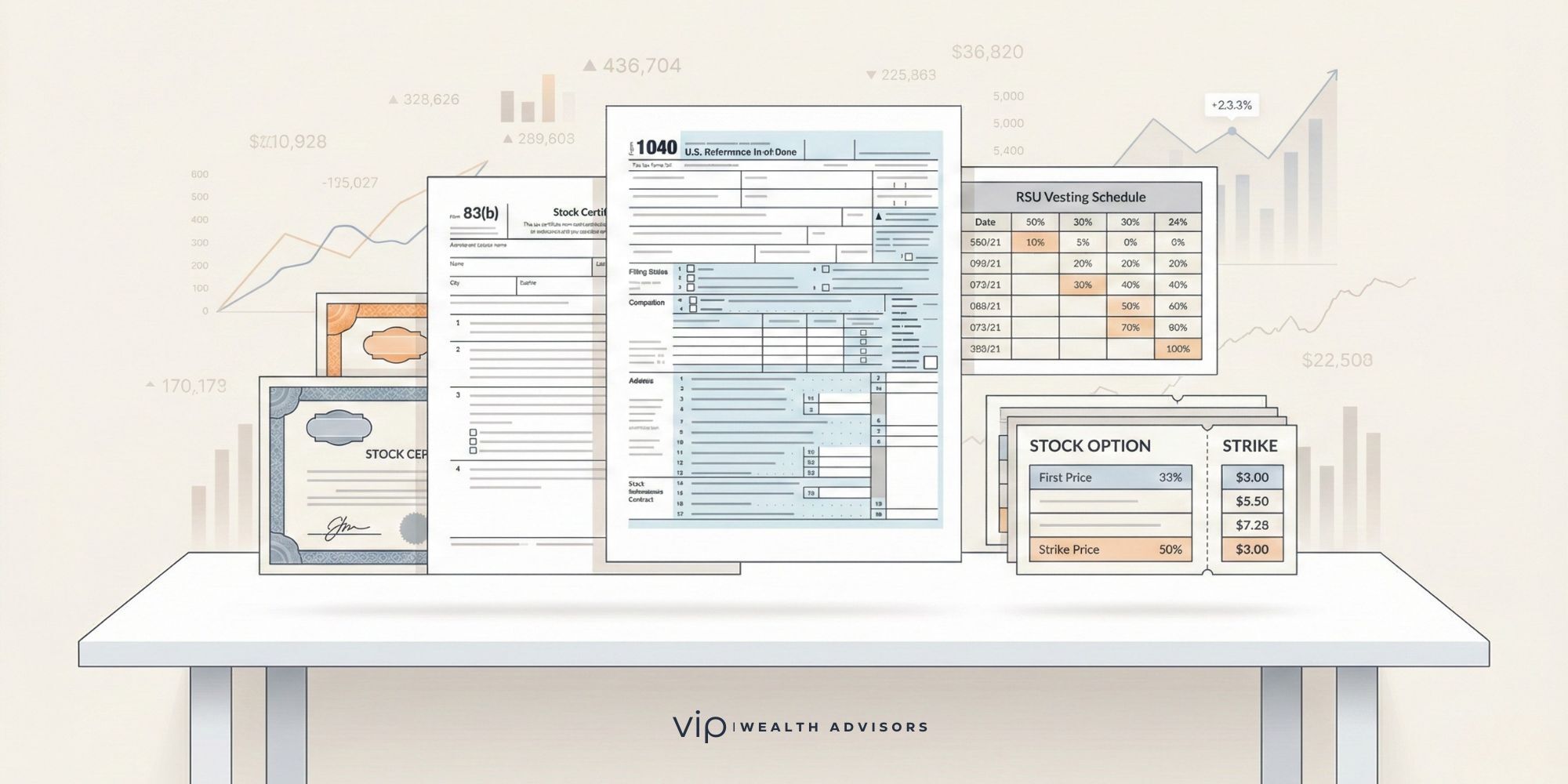 Illustration showing tax forms, stock charts, and equity compensation documents connected to IRS reporting for RSUs, stock options, and ESPPs.
