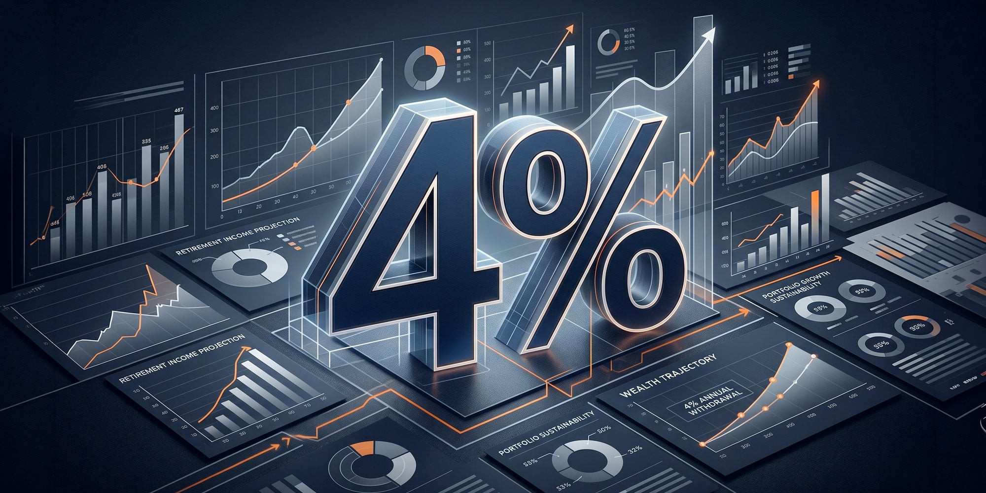 A sophisticated retirement planning scene featuring financial charts, retirement projections, and a subtle 4% graphic beside investment documents and a modern calculator in a clean professional office environment.