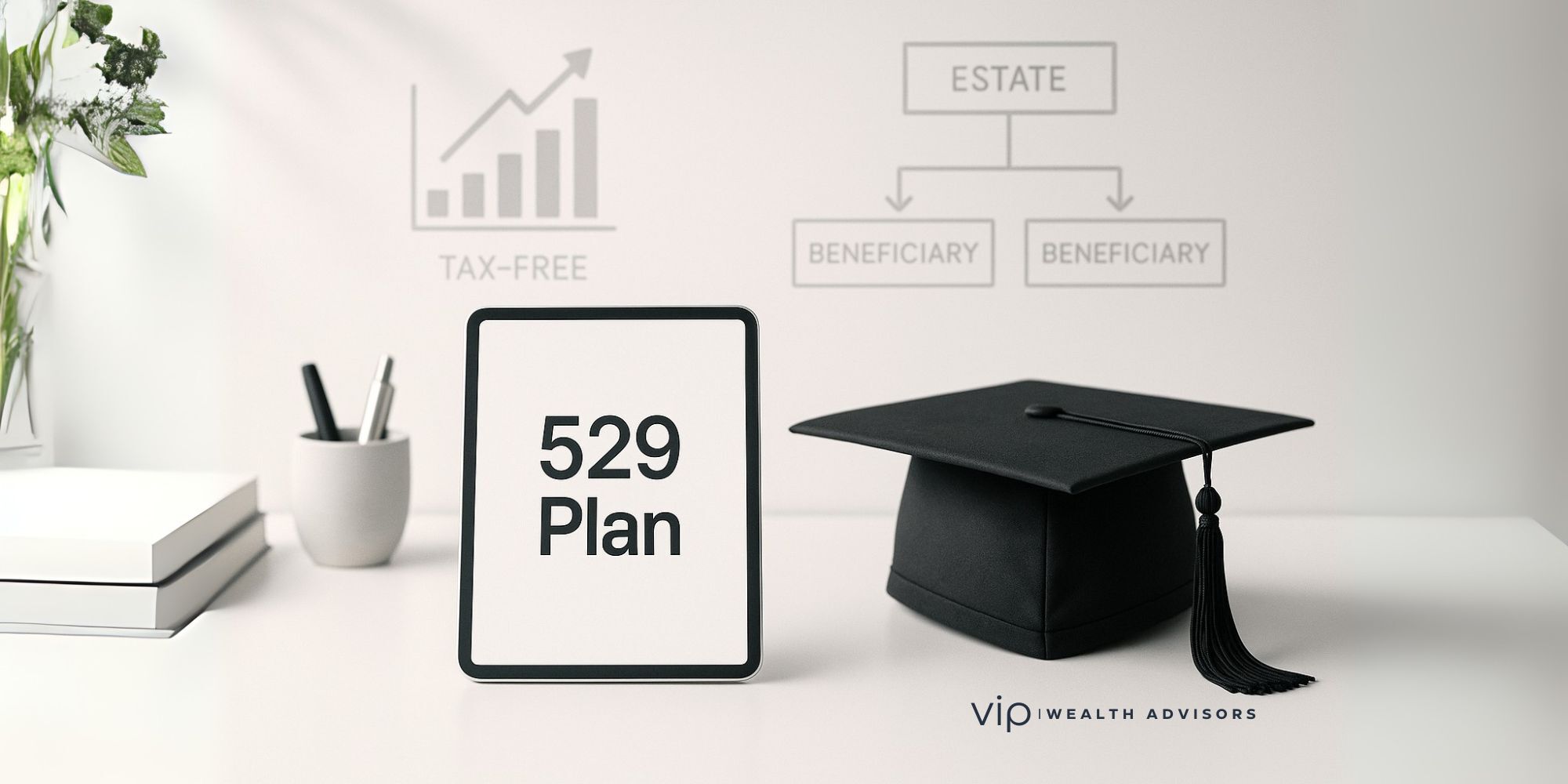 Family education planning concept showing a modern binder labeled 529 Plan with charts, a graduation cap, and a subtle estate plan overlay on a clean desk.