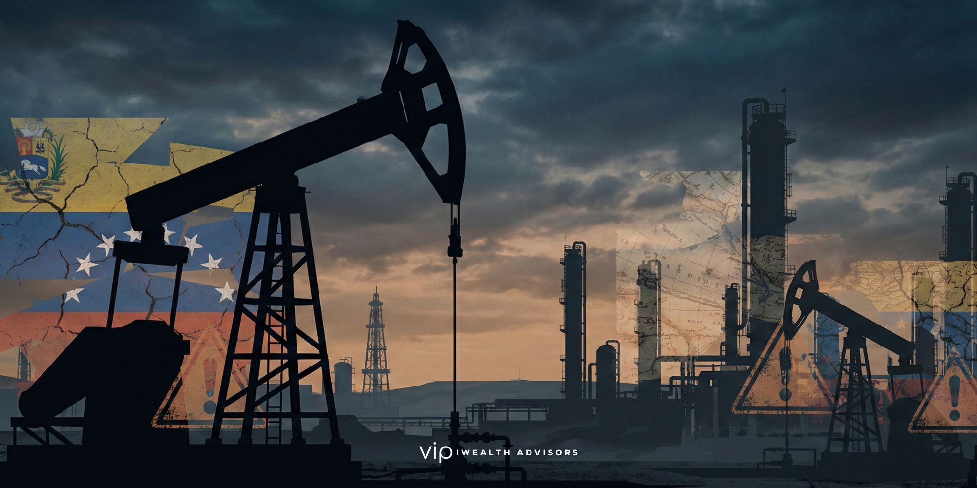 Illustration showing oil infrastructure overlaid with political instability symbols, highlighting the risks of investing in Venezuela’s oil sector.