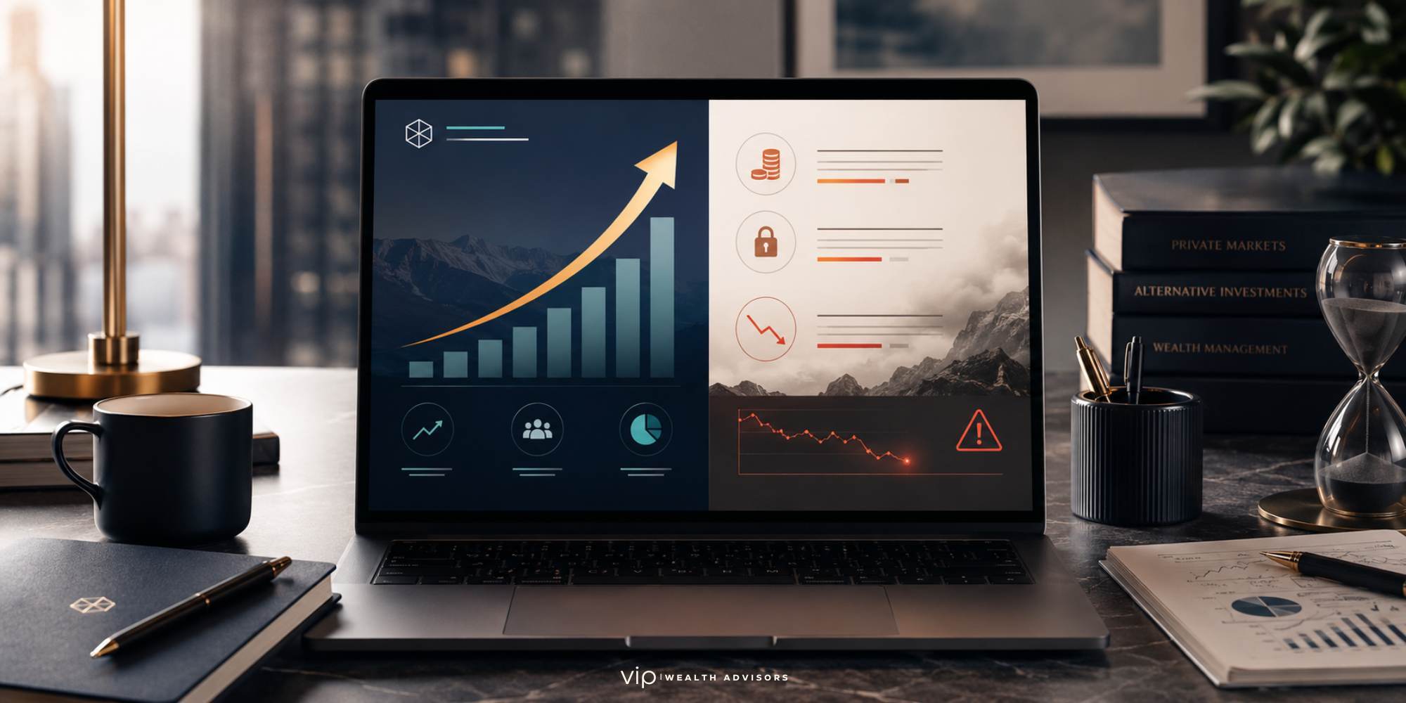 modern investor’s desk with an open pitch deck presentation, subtle charts, startup growth graphics, and selective highlighted risk notes such as fees, illiquidity, and net returns.